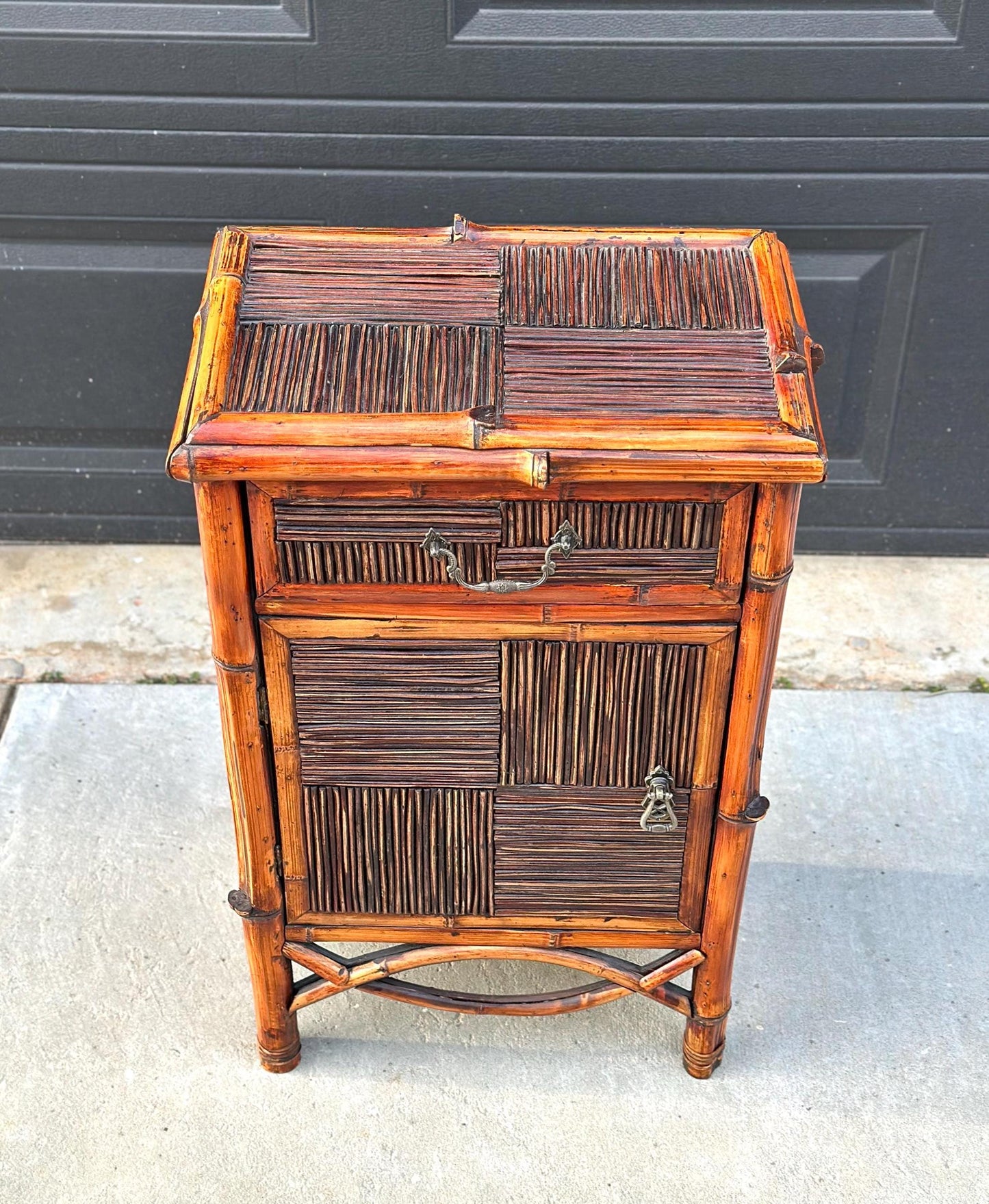 Vintage Burnished Bamboo Single Drawer Table With Cabinet