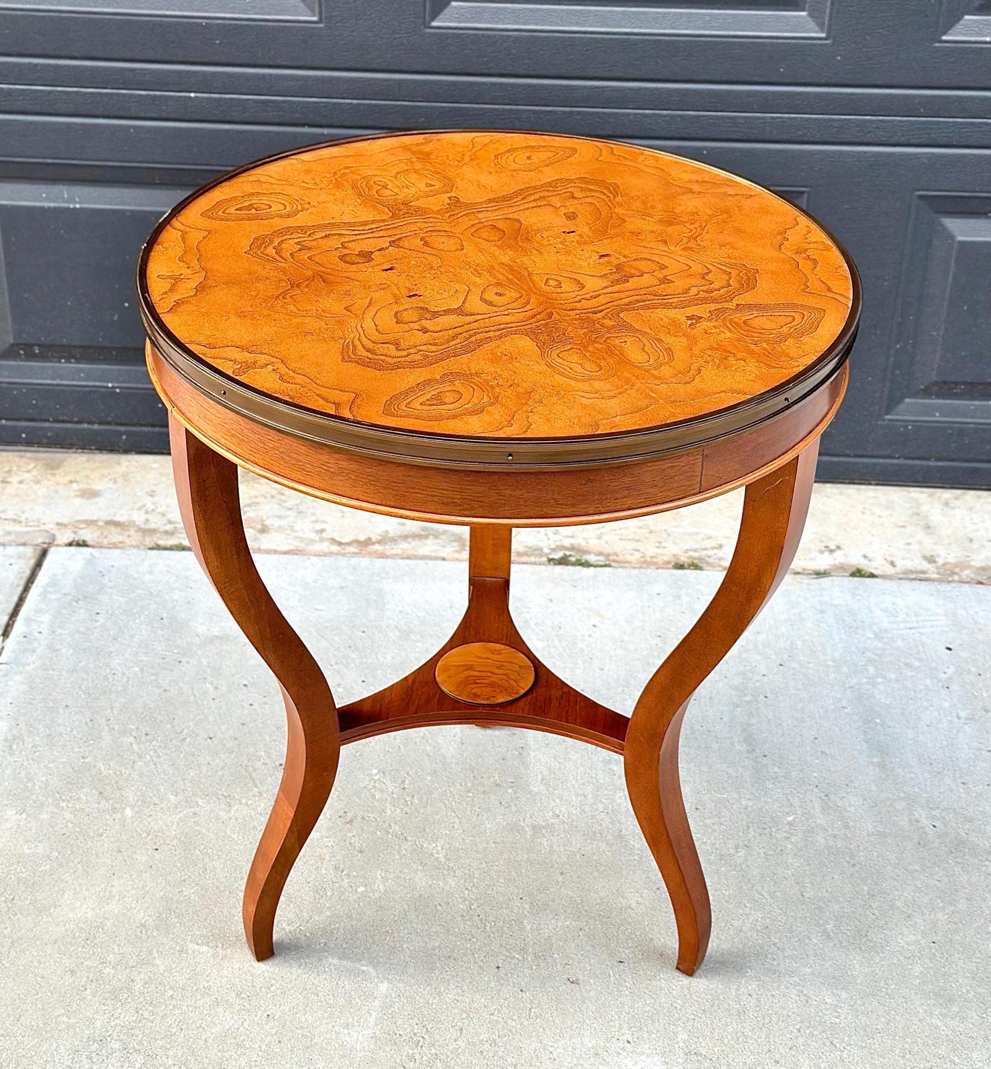 Vintage Burl Maple Round Three Leg Table with Brass Trim