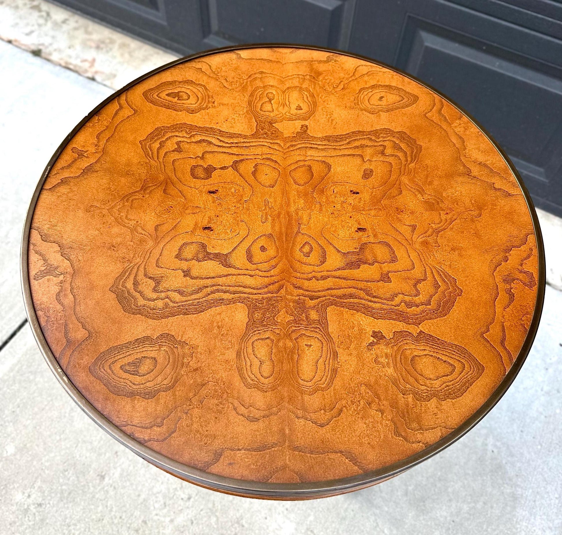 Vintage Burl Maple Round Three Leg Table with Brass Trim