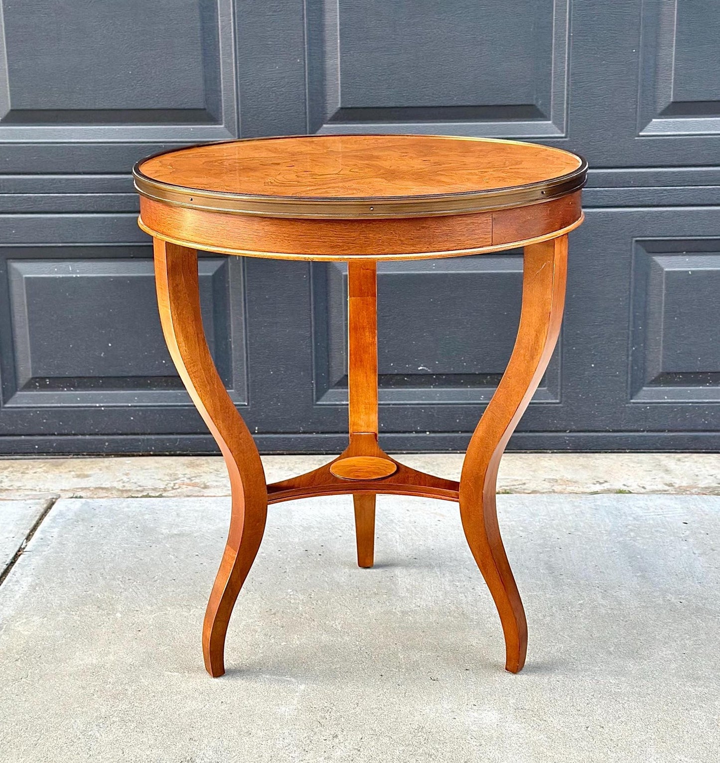 Vintage Burl Maple Round Three Leg Table with Brass Trim