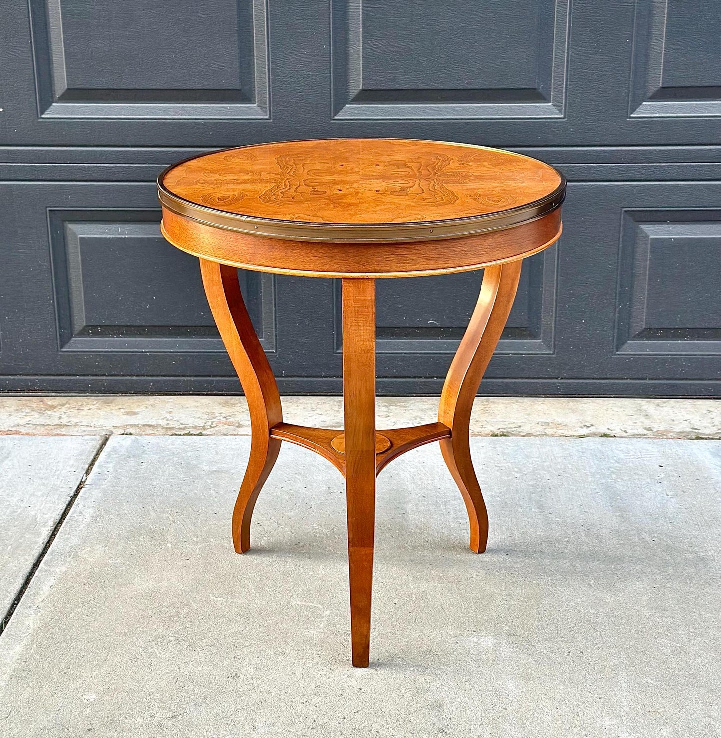 Vintage Burl Maple Round Three Leg Table with Brass Trim