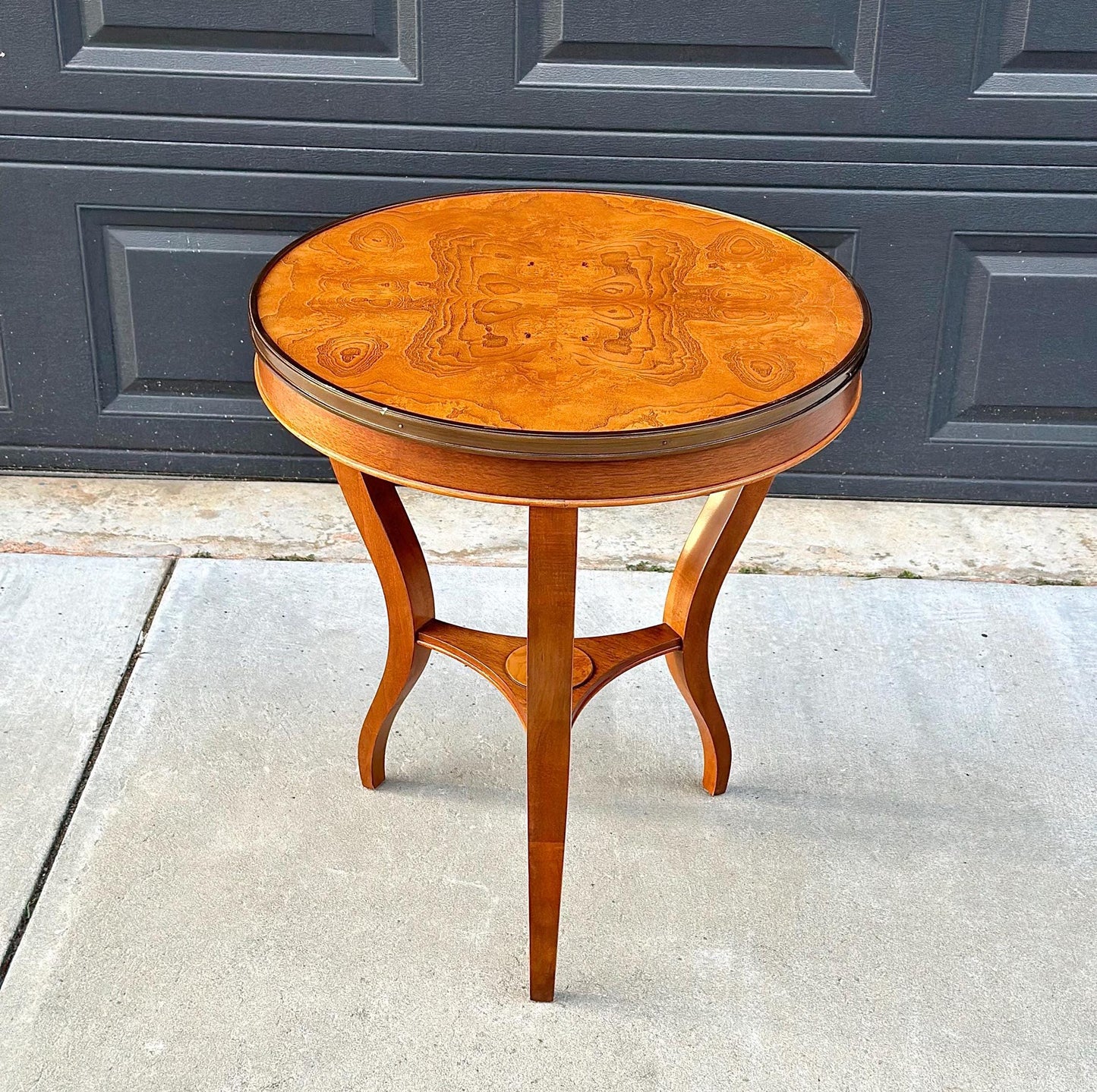 Vintage Burl Maple Round Three Leg Table with Brass Trim