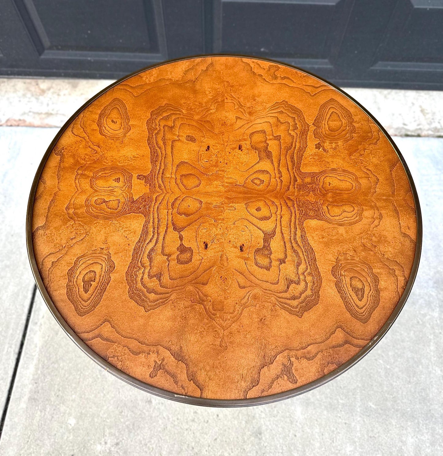 Vintage Burl Maple Round Three Leg Table with Brass Trim