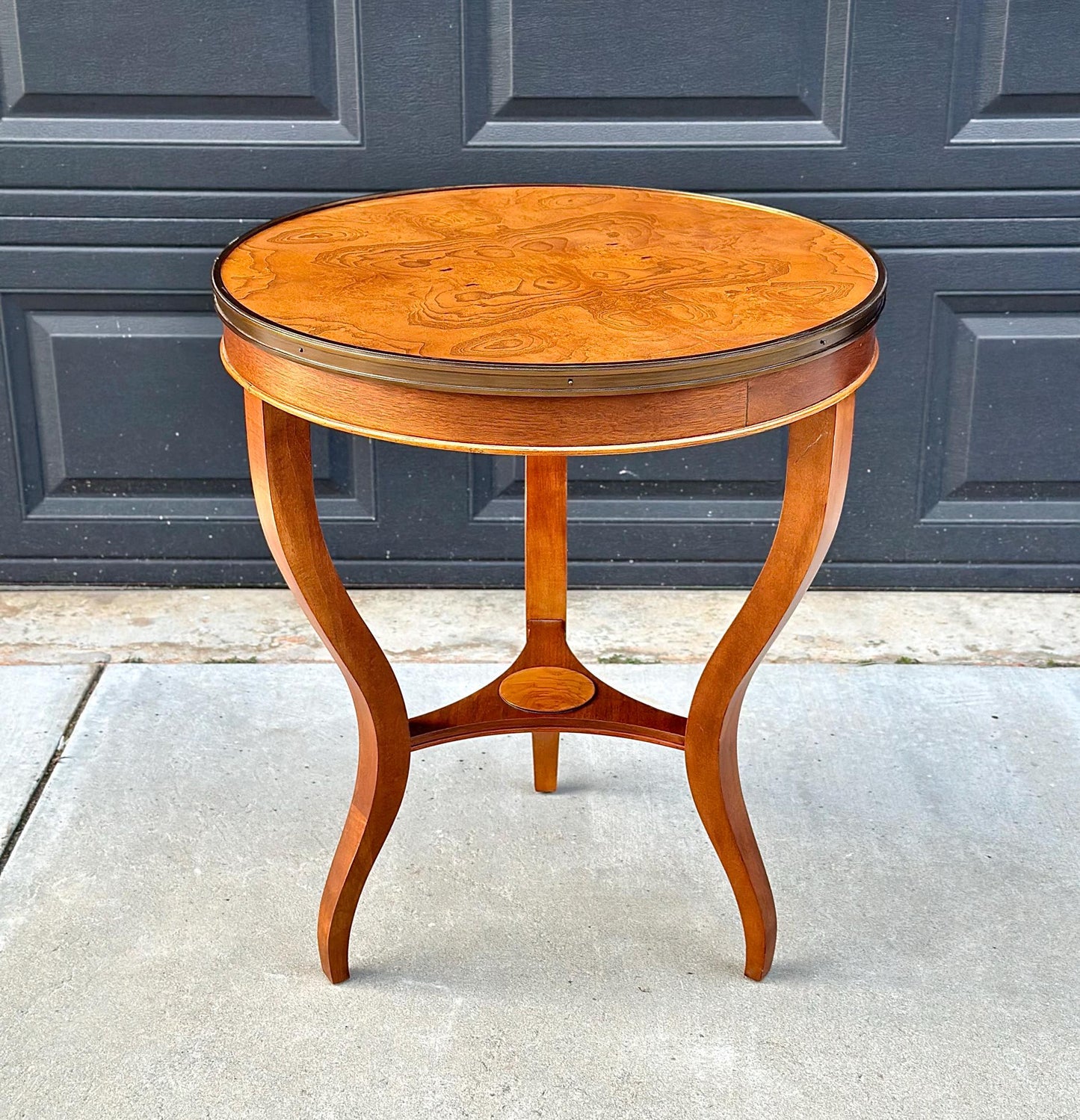 Vintage Burl Maple Round Three Leg Table with Brass Trim