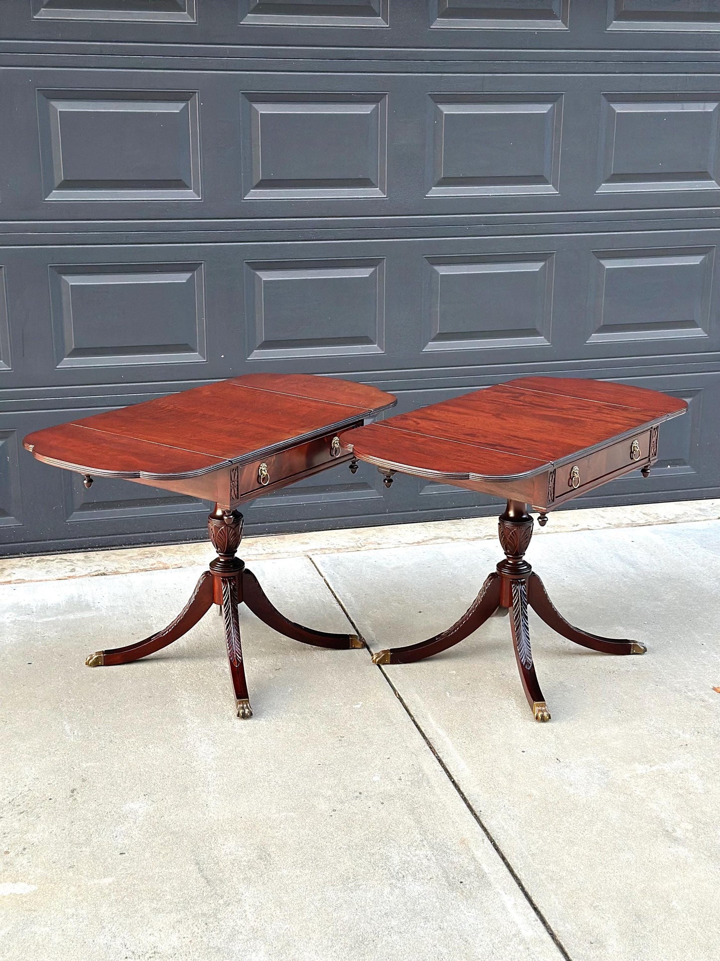 Pair of Vintage Mahogany Drop Leaf Lion Head Nightstands