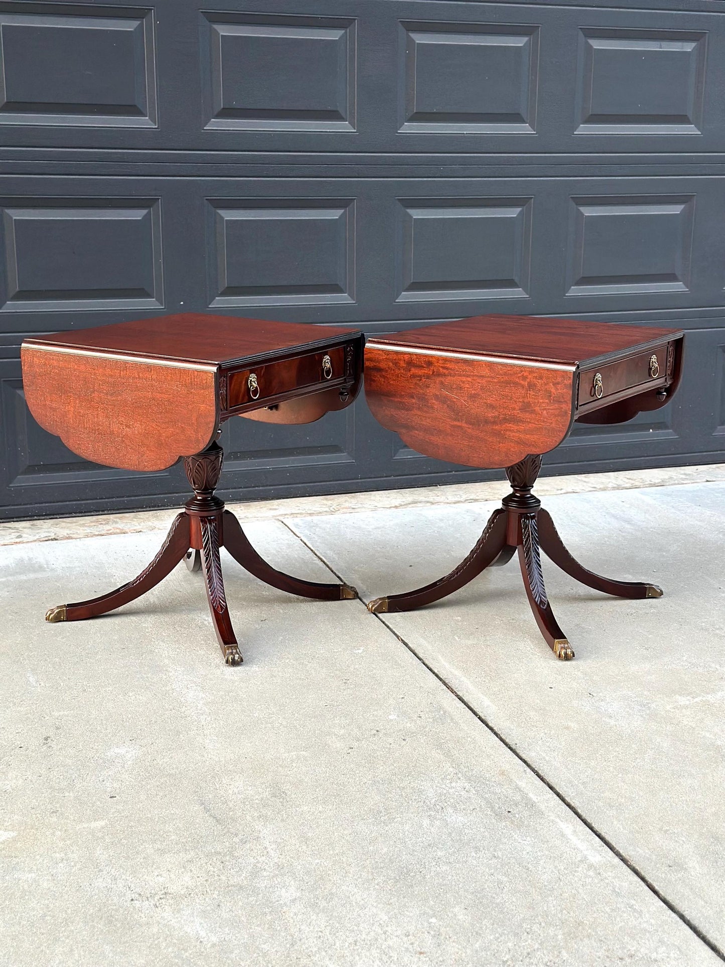 Pair of Vintage Mahogany Drop Leaf Lion Head Nightstands