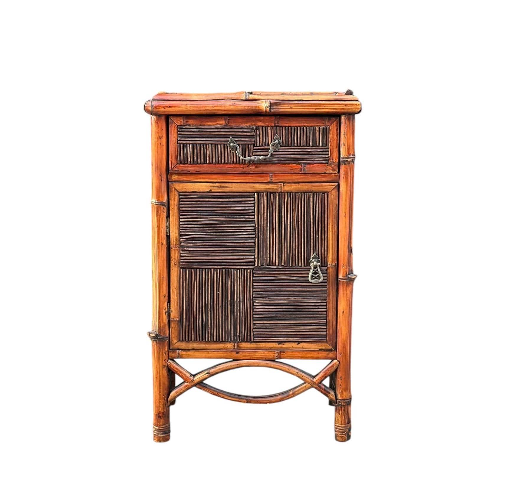 Vintage Burnished Bamboo Single Drawer Table With Cabinet