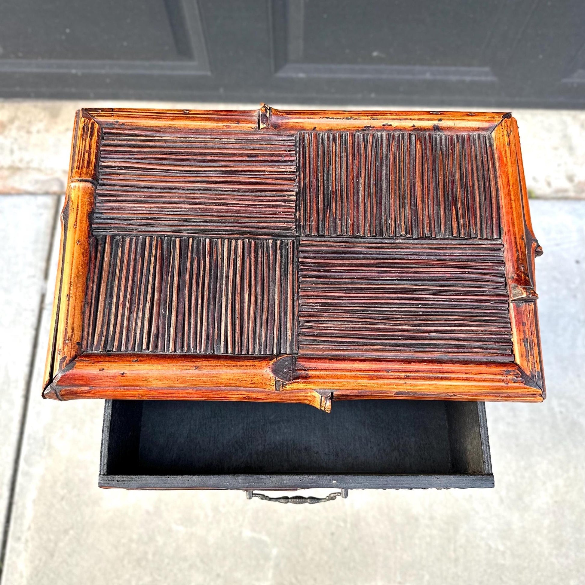 Vintage Burnished Bamboo Single Drawer Table With Cabinet