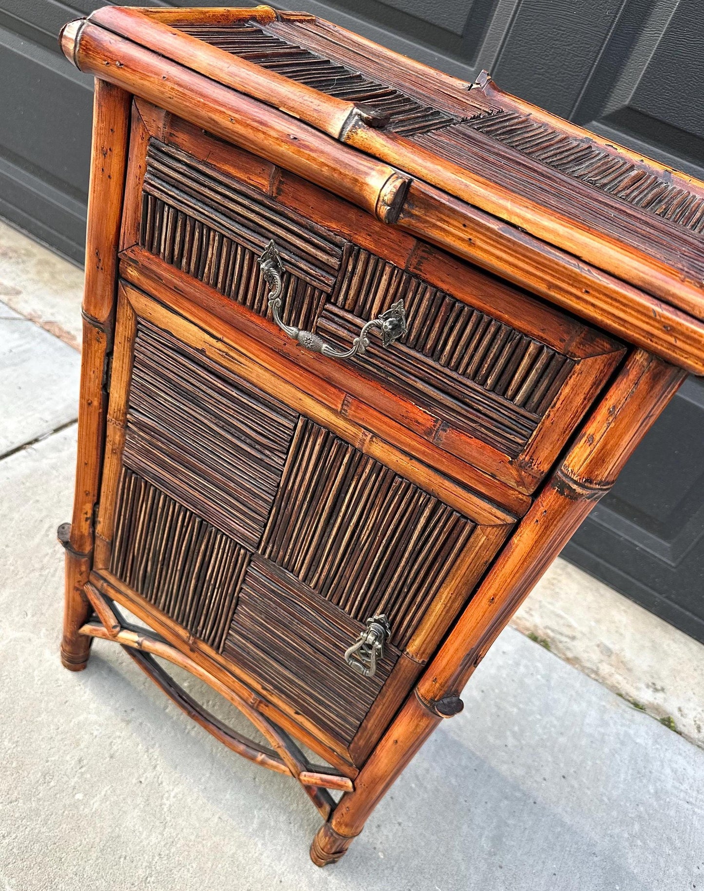 Vintage Burnished Bamboo Single Drawer Table With Cabinet