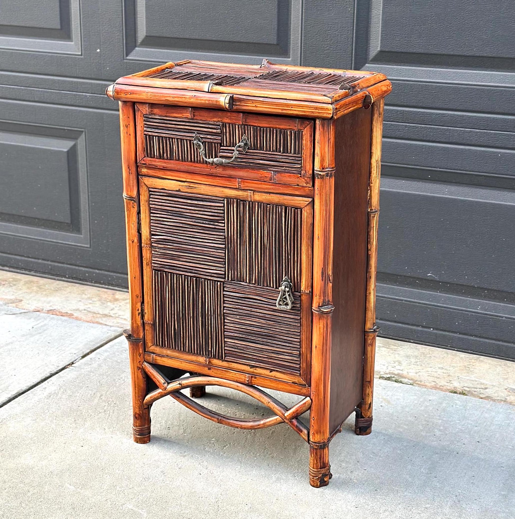 Vintage Burnished Bamboo Single Drawer Table With Cabinet