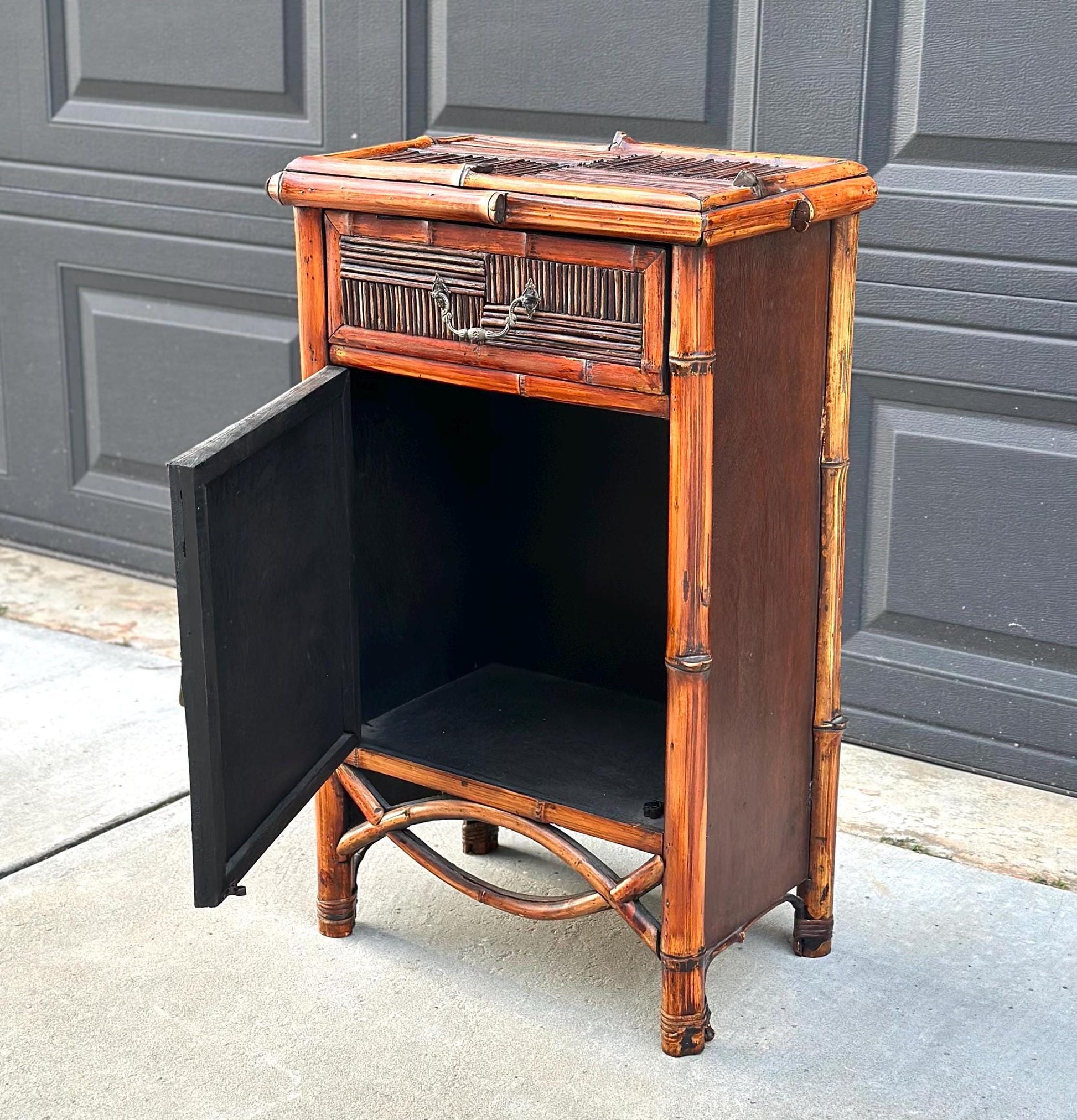 Vintage Burnished Bamboo Single Drawer Table With Cabinet