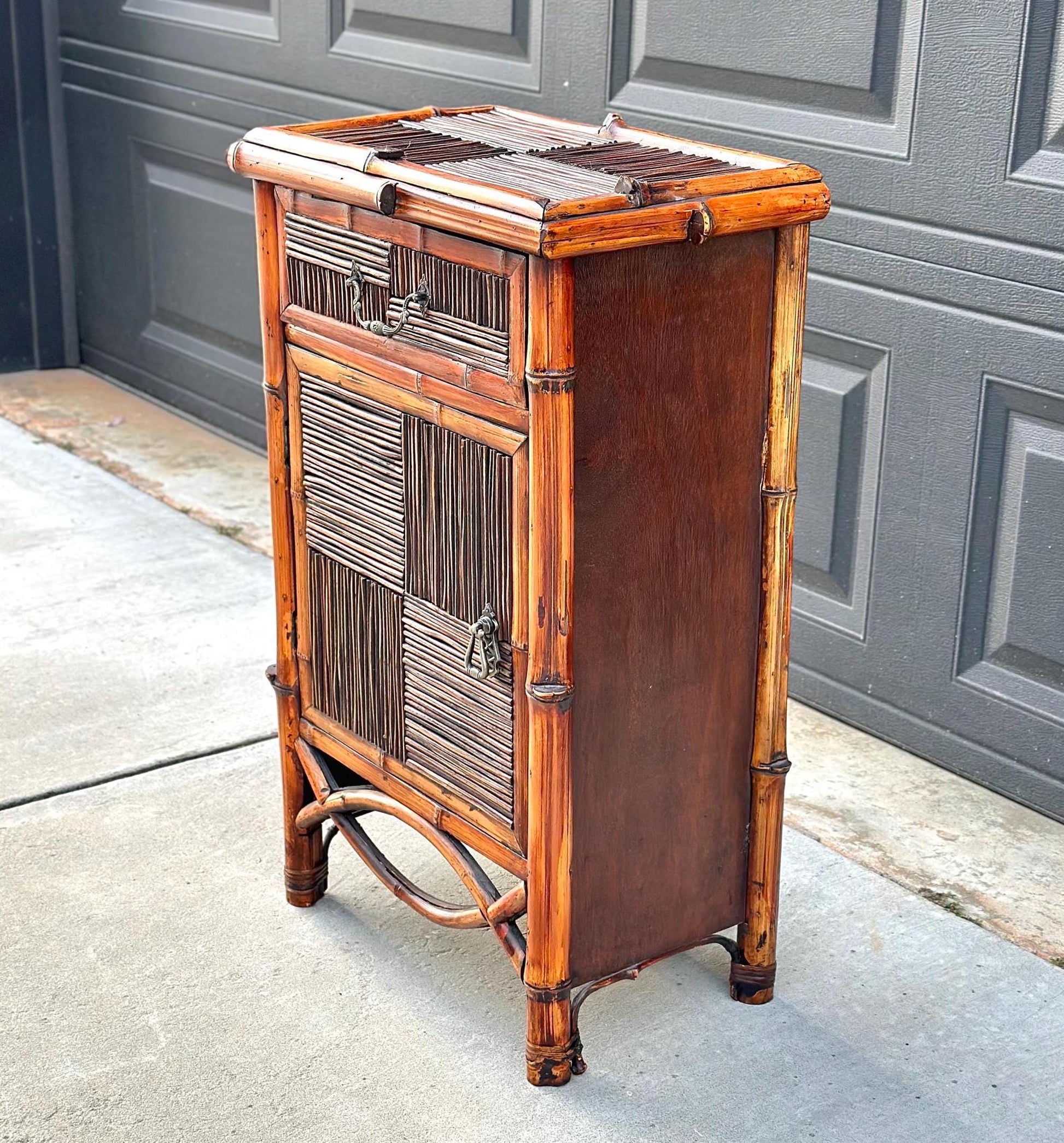 Vintage Burnished Bamboo Single Drawer Table With Cabinet