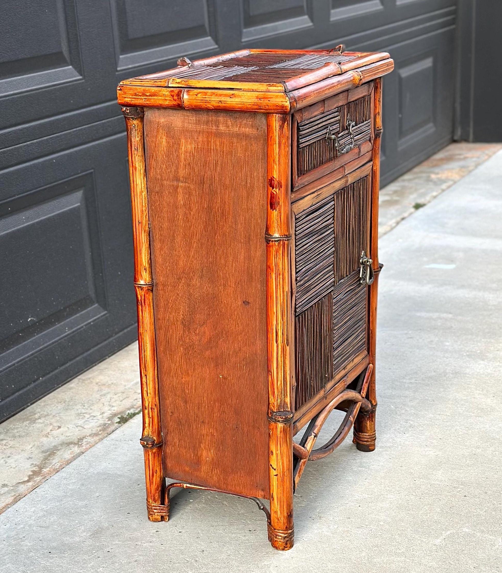 Vintage Burnished Bamboo Single Drawer Table With Cabinet