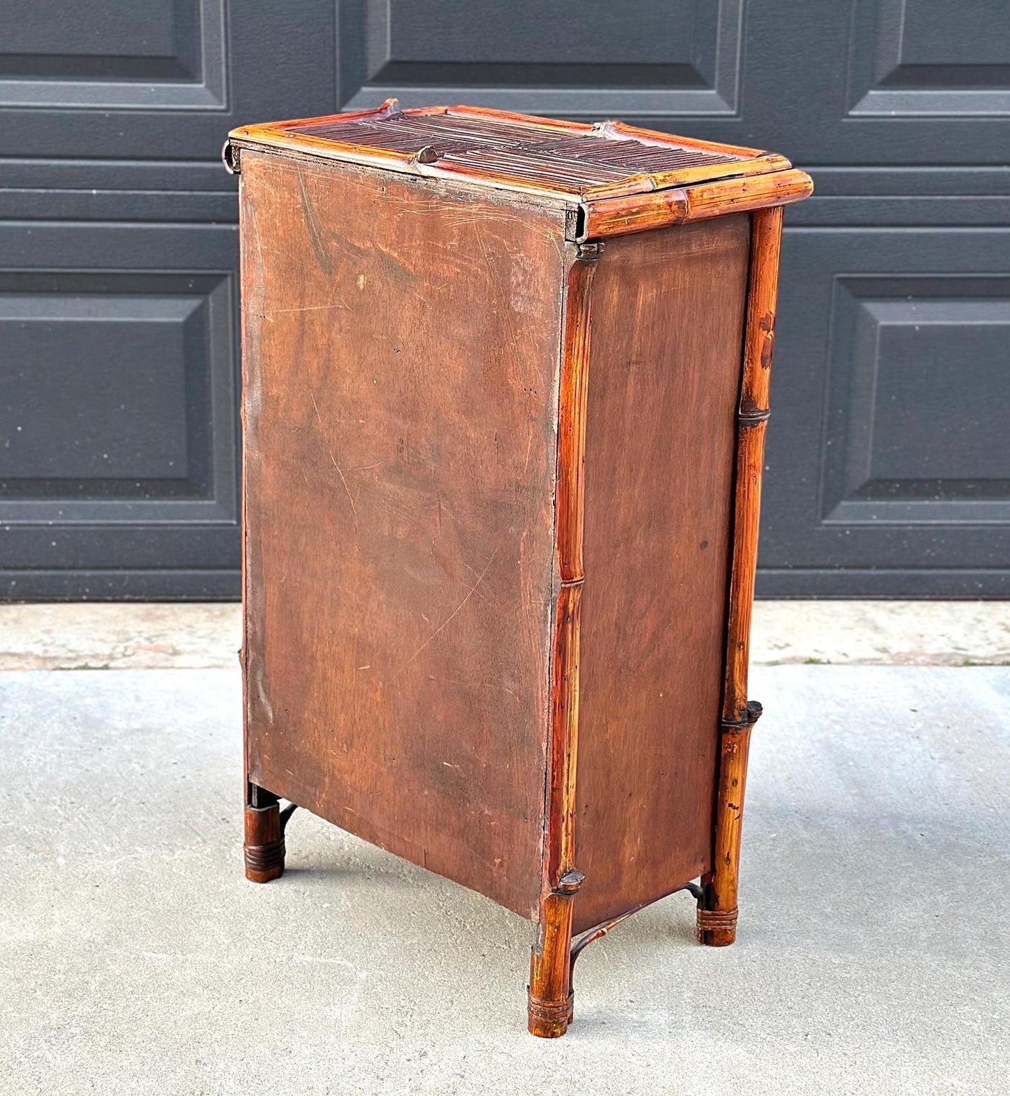 Vintage Burnished Bamboo Single Drawer Table With Cabinet