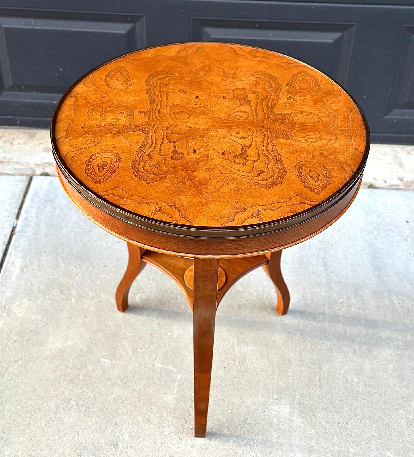 Vintage Burl Maple Round Three Leg Table with Brass Trim