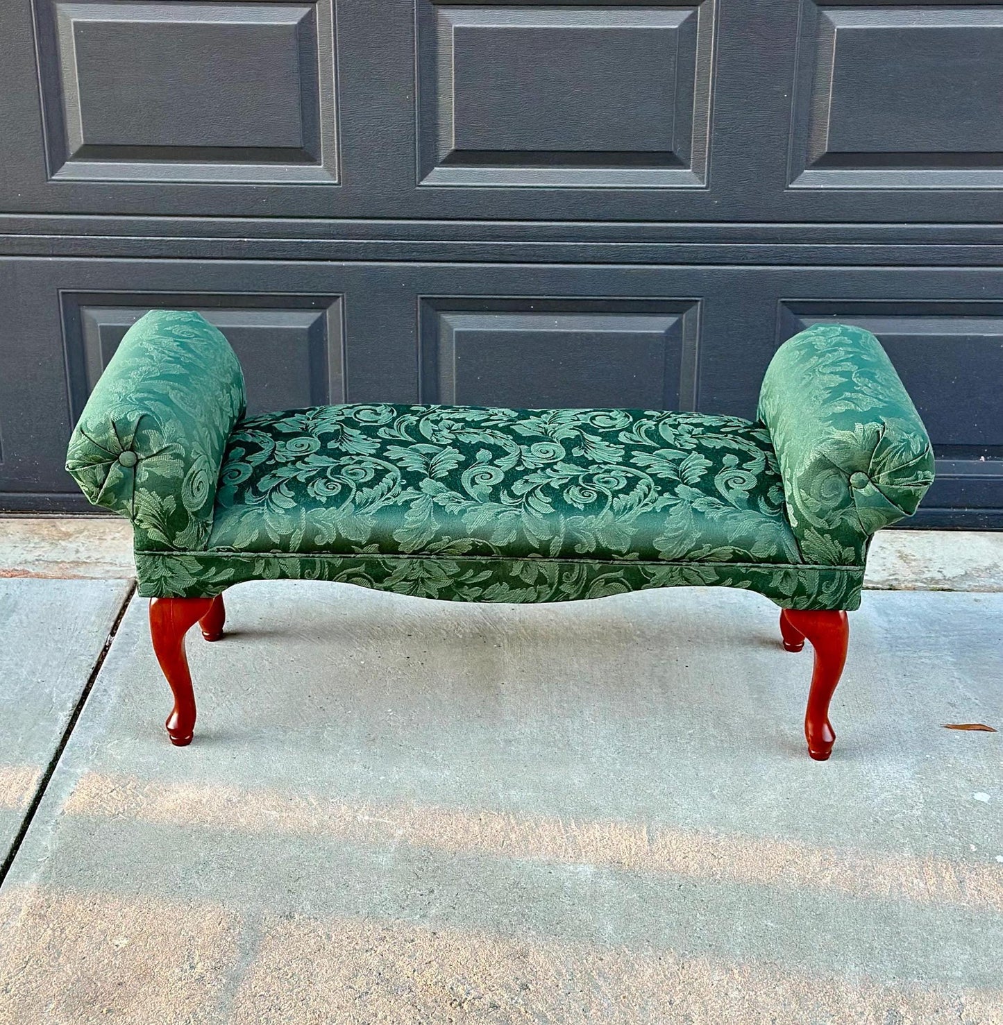 Vintage 1980's Dark Green Uphostered Sleigh Bench