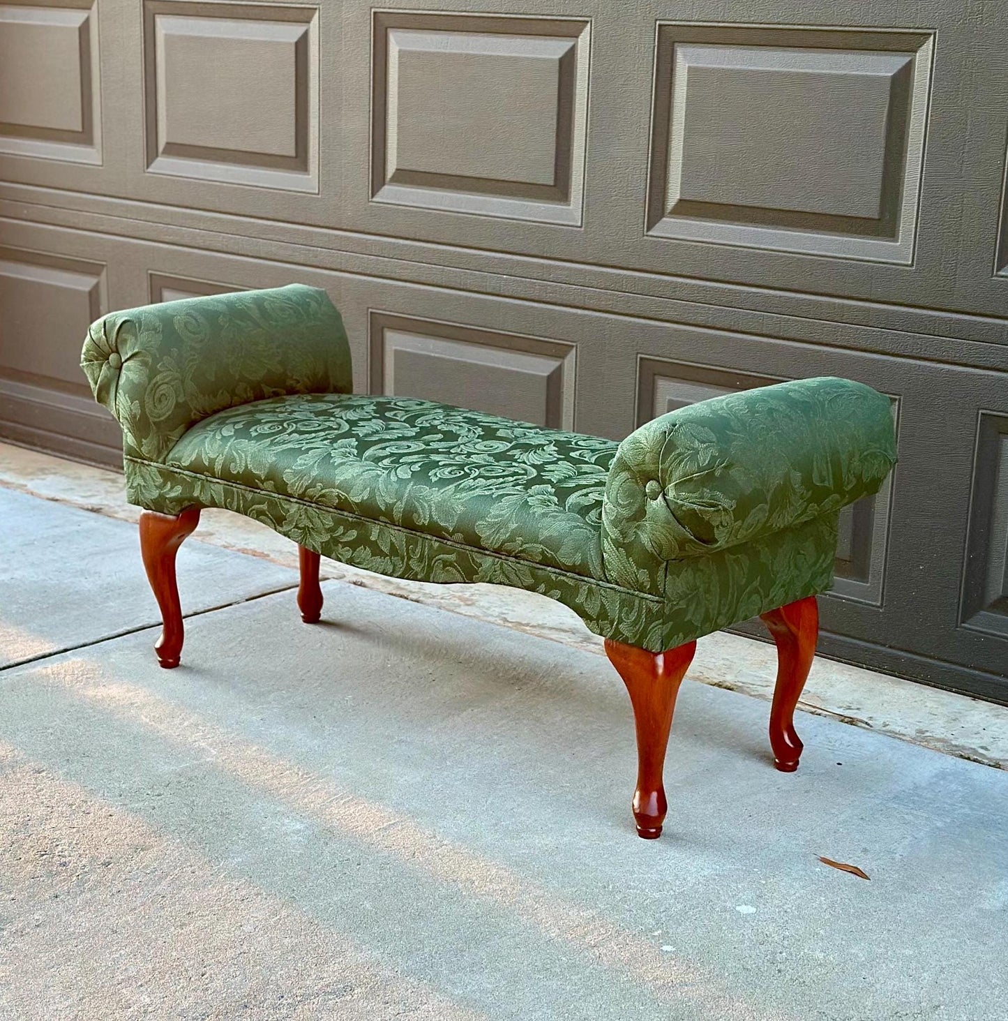 Vintage 1980's Dark Green Uphostered Sleigh Bench