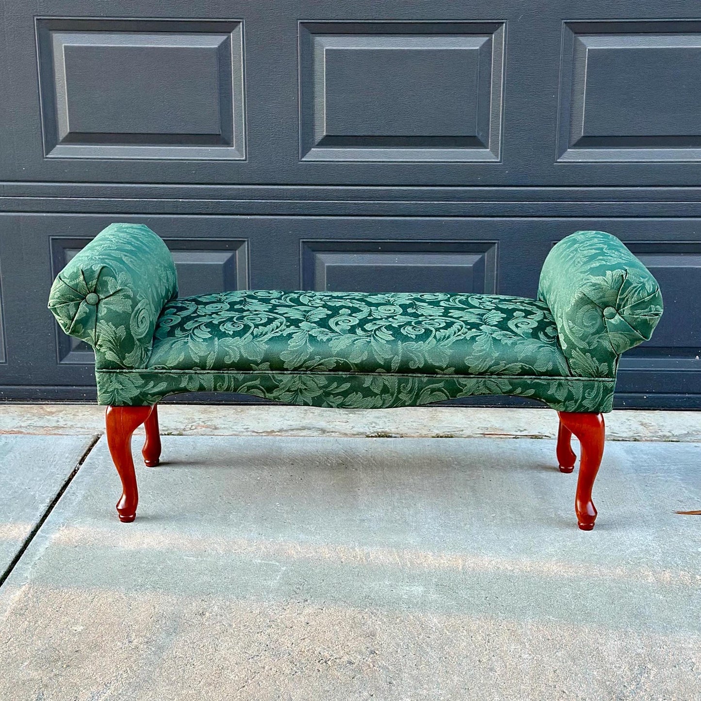 Vintage 1980's Dark Green Uphostered Sleigh Bench