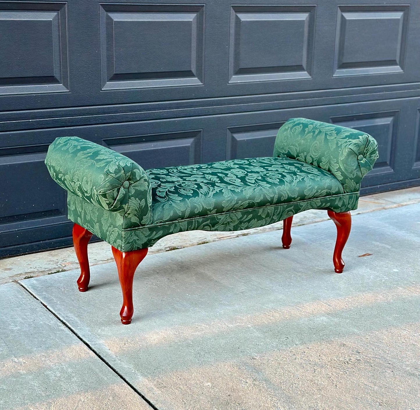 Vintage 1980's Dark Green Uphostered Sleigh Bench