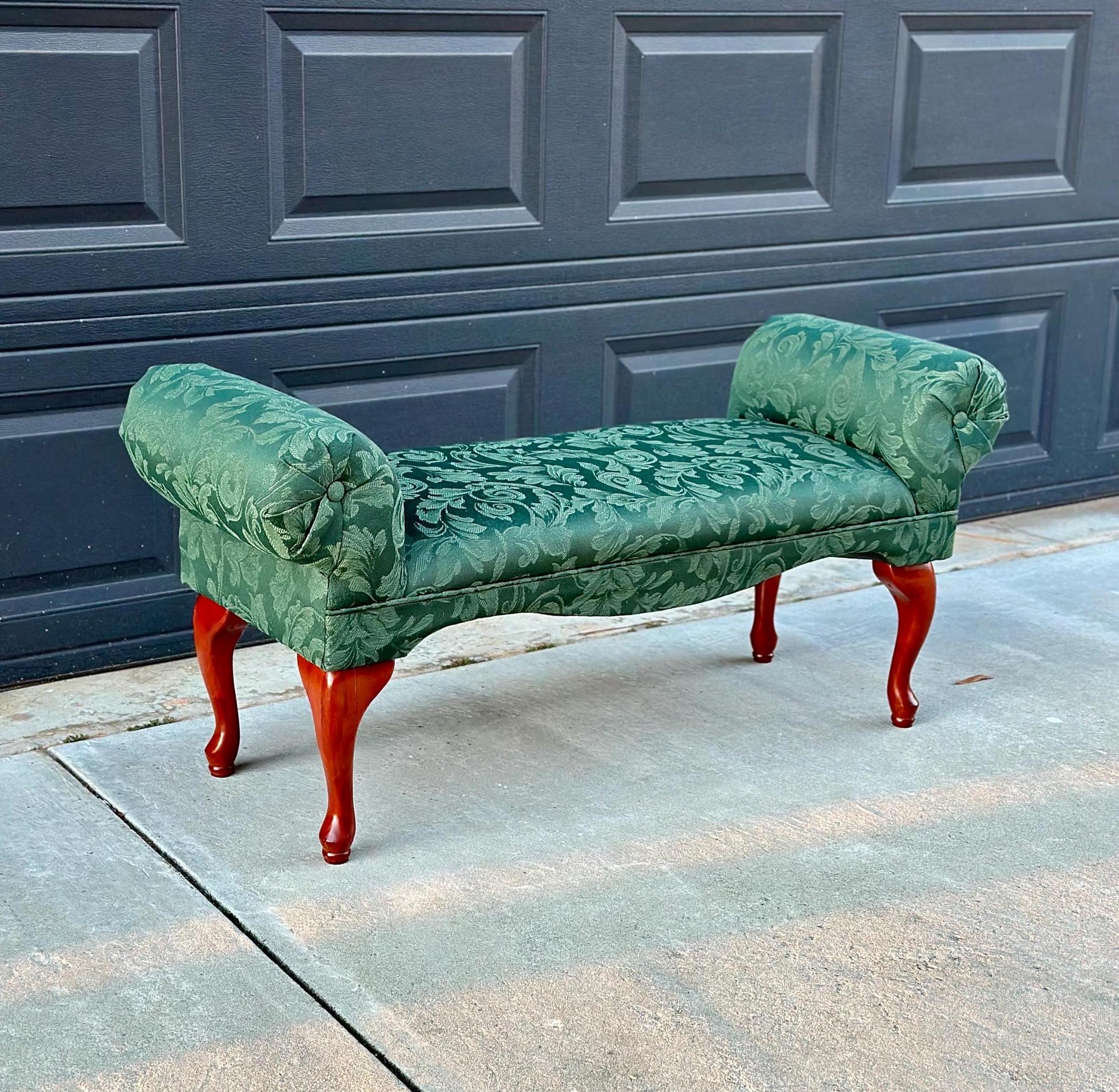 Vintage 1980's Dark Green Uphostered Sleigh Bench