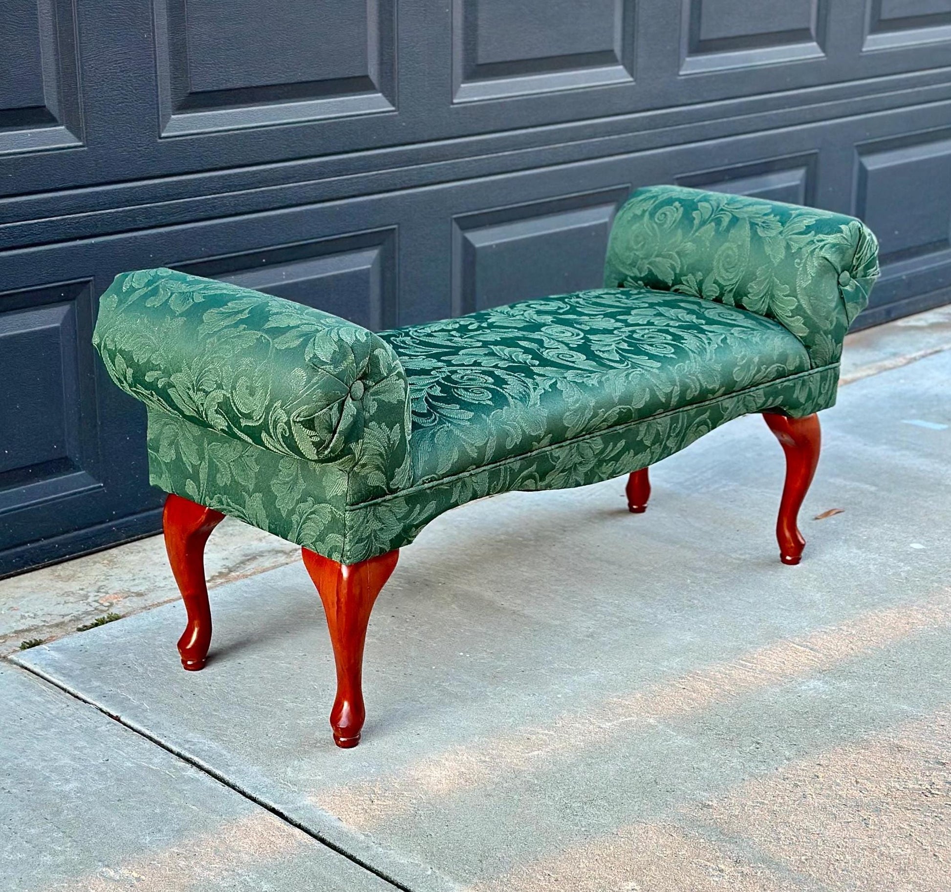 Vintage 1980's Dark Green Uphostered Sleigh Bench