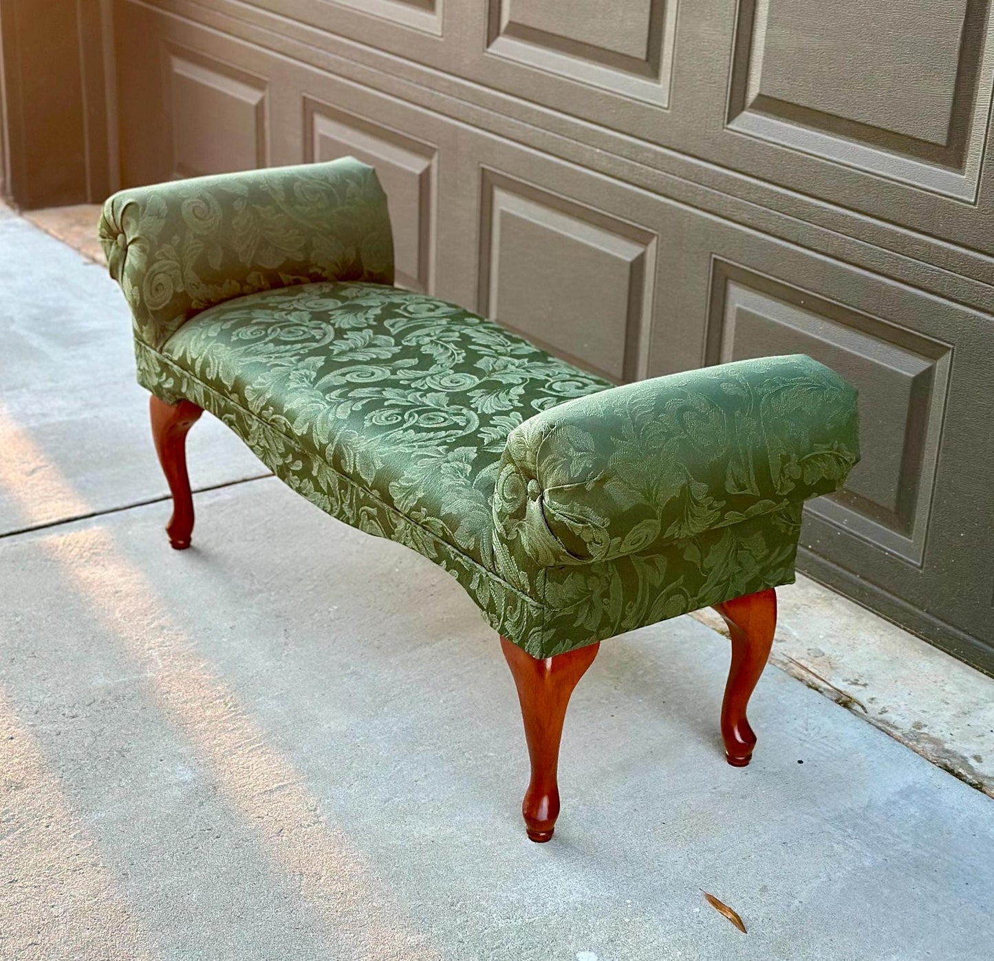 Vintage 1980's Dark Green Uphostered Sleigh Bench