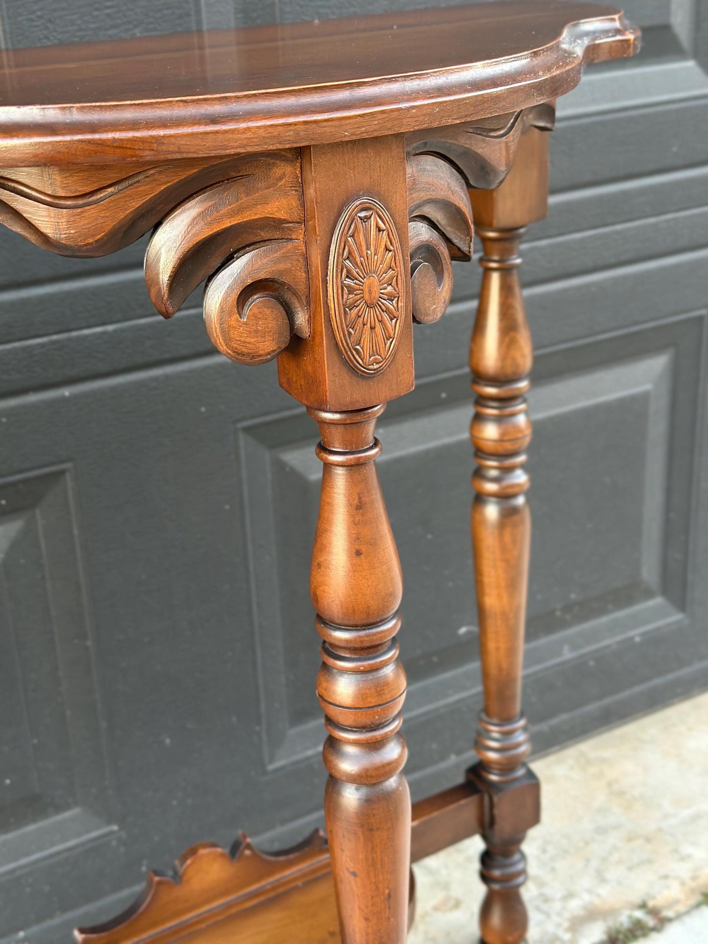 Vintage Solid Cherry Carved Demi-Lune Hall Table