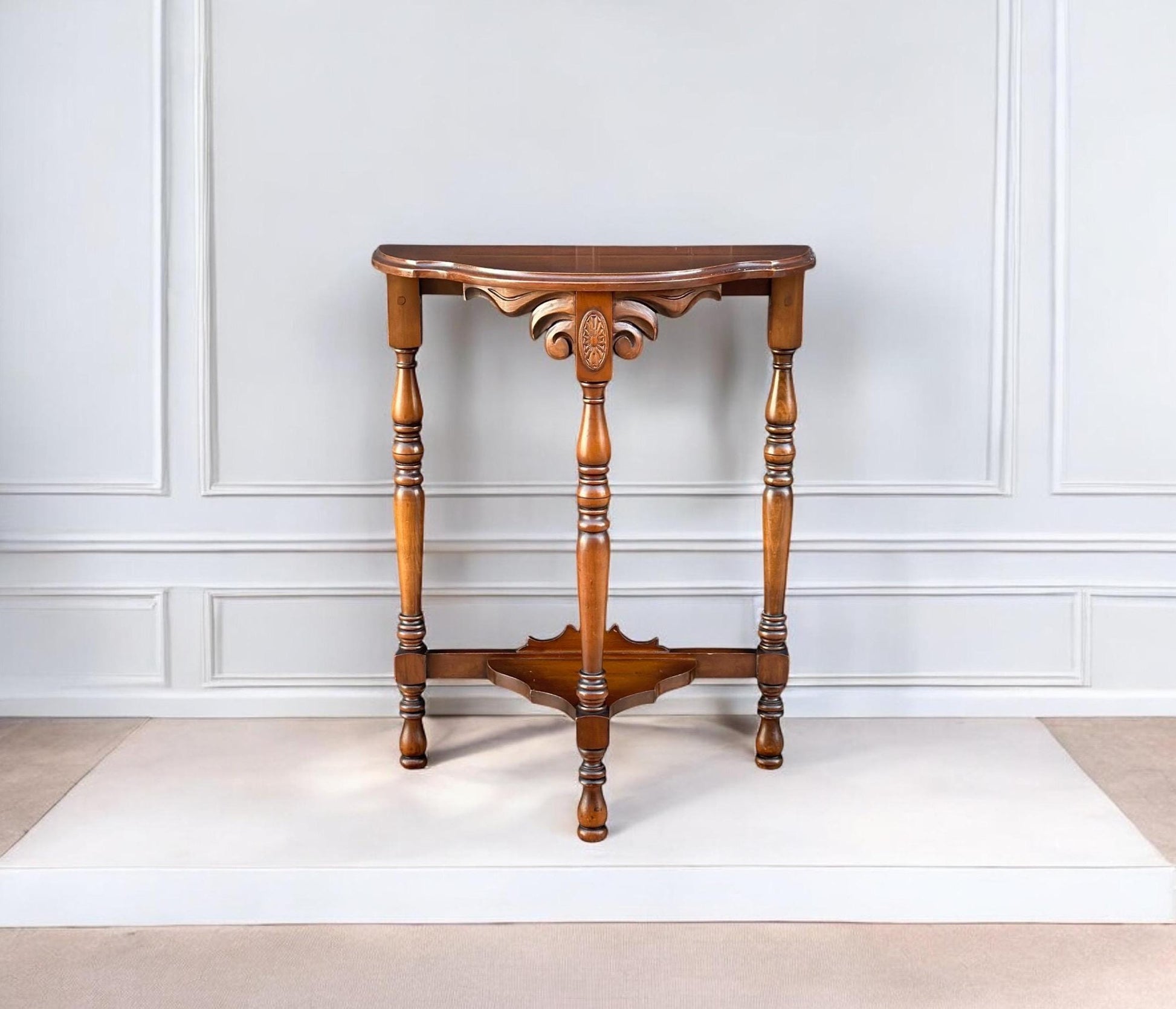 Vintage Solid Cherry Carved Demi-Lune Hall Table