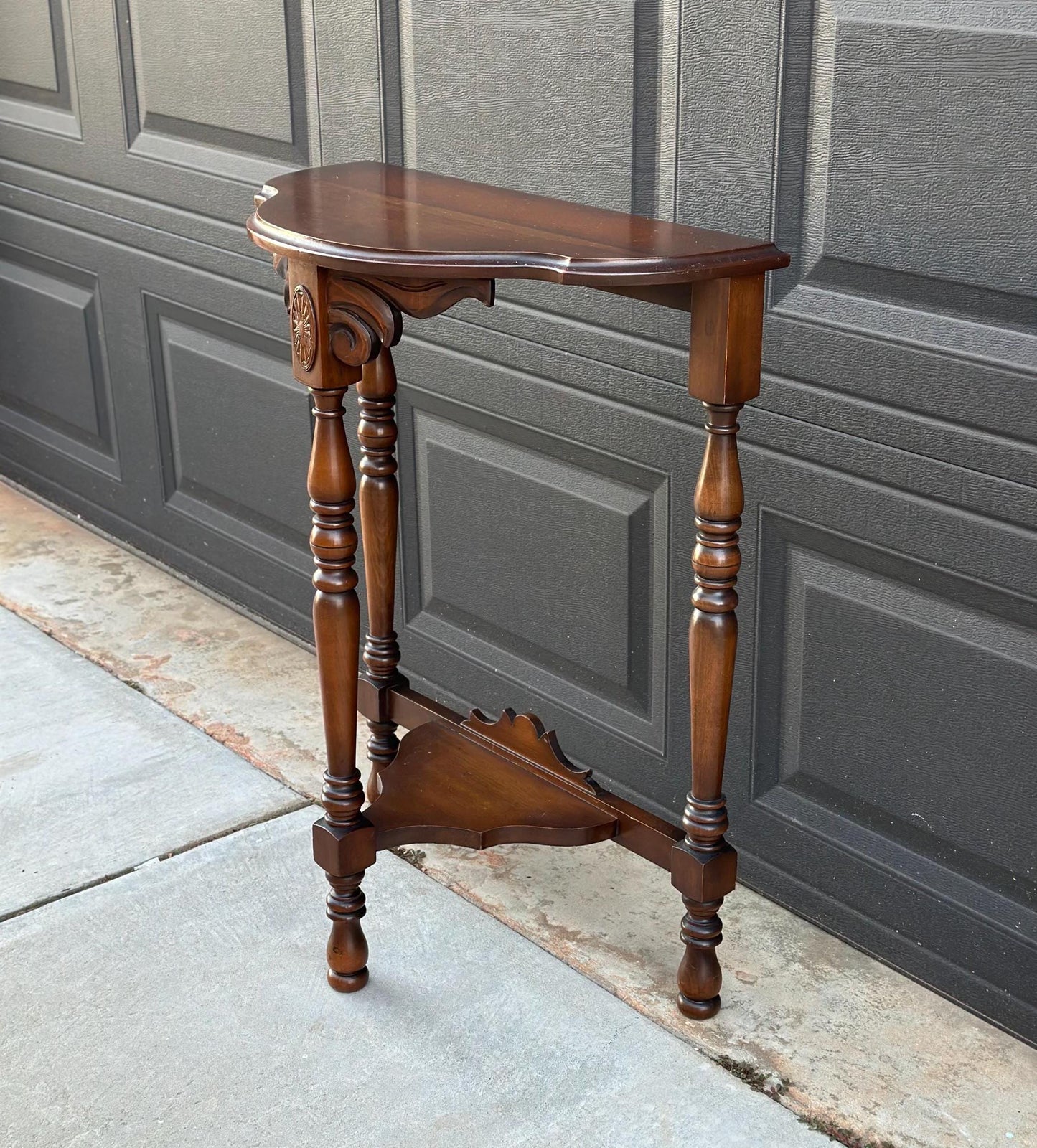 Vintage Solid Cherry Carved Demi-Lune Hall Table