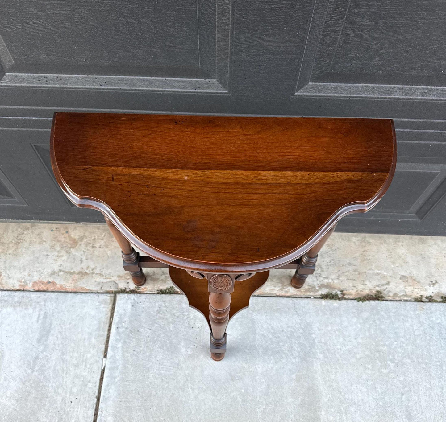 Vintage Solid Cherry Carved Demi-Lune Hall Table