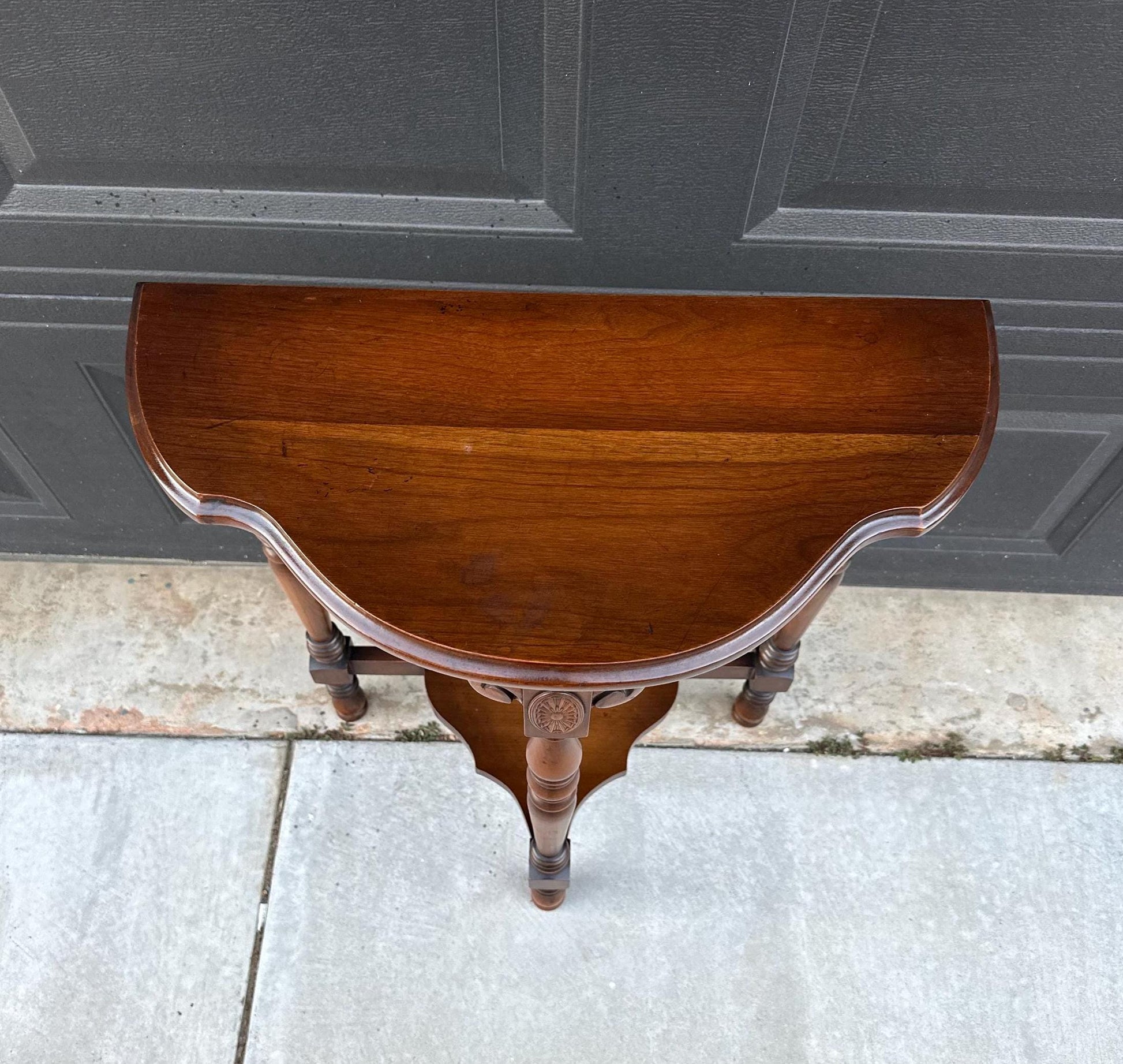 Vintage Solid Cherry Carved Demi-Lune Hall Table