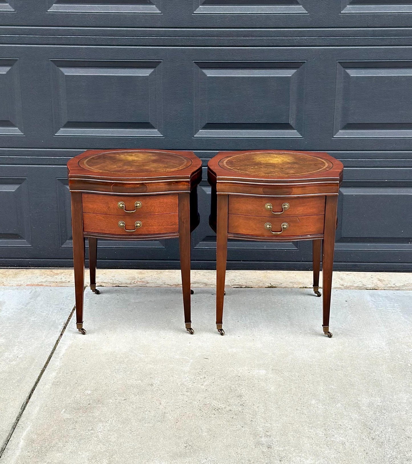 Vintage 1970's Bowfront Leather Top Mahogany Nightstands