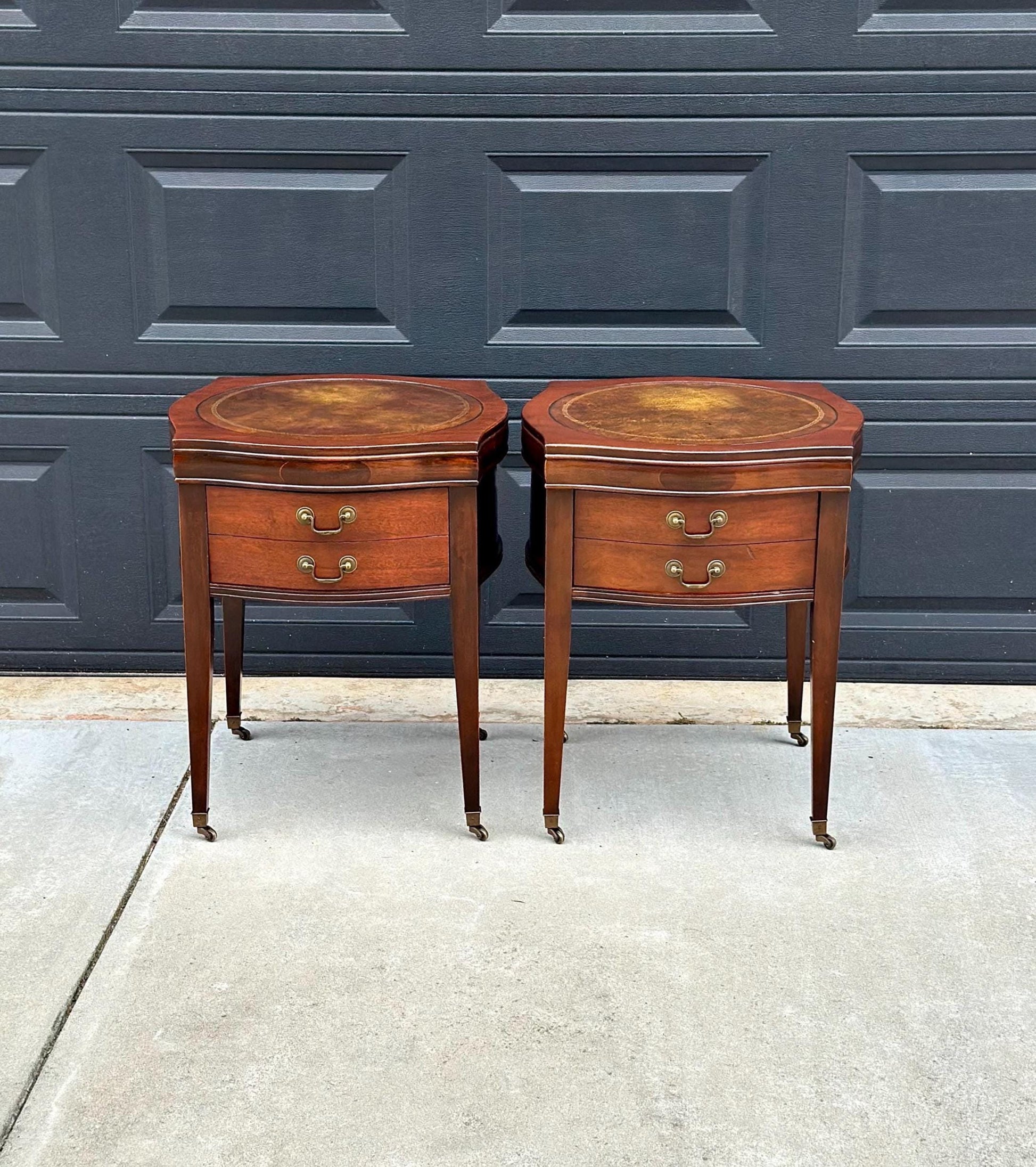 Vintage 1970's Bowfront Leather Top Mahogany Nightstands