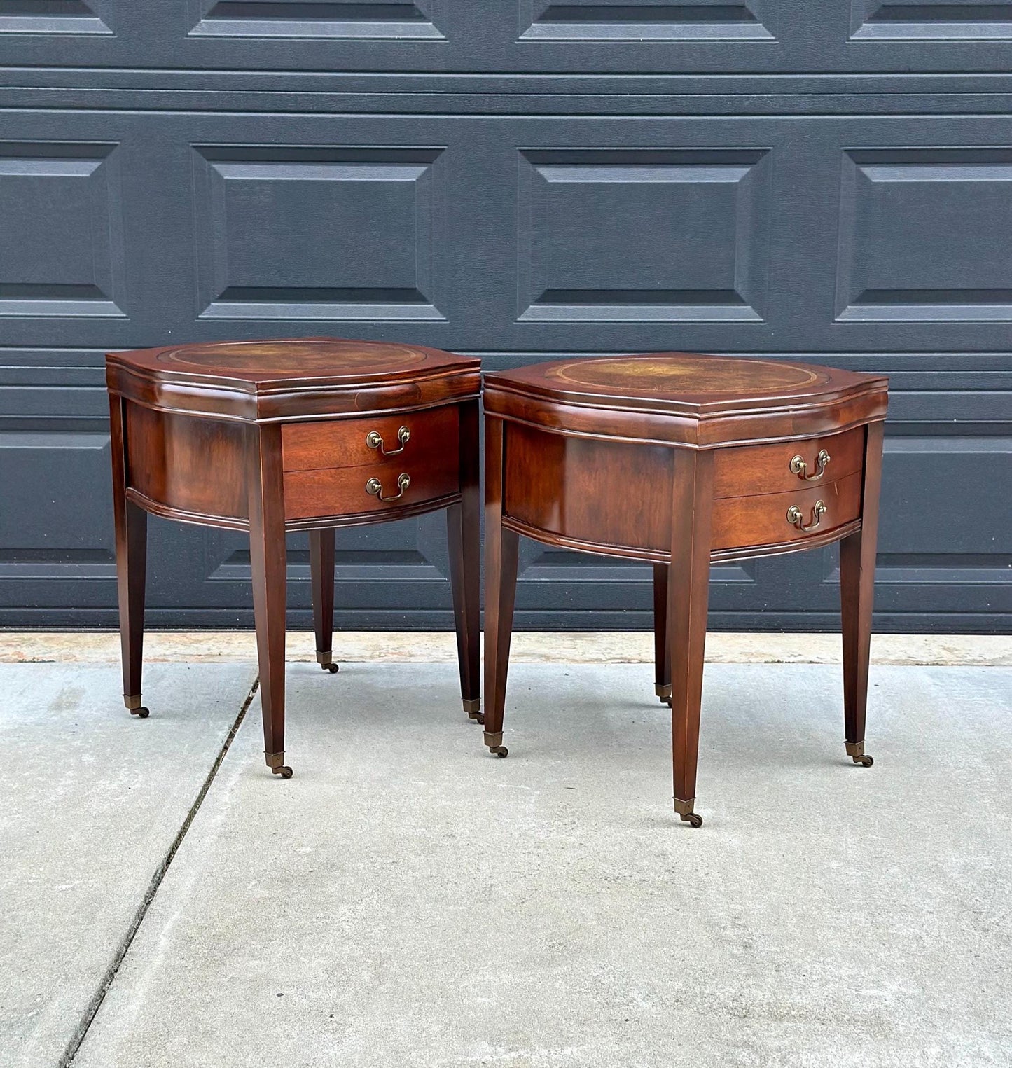 Vintage 1970's Bowfront Leather Top Mahogany Nightstands