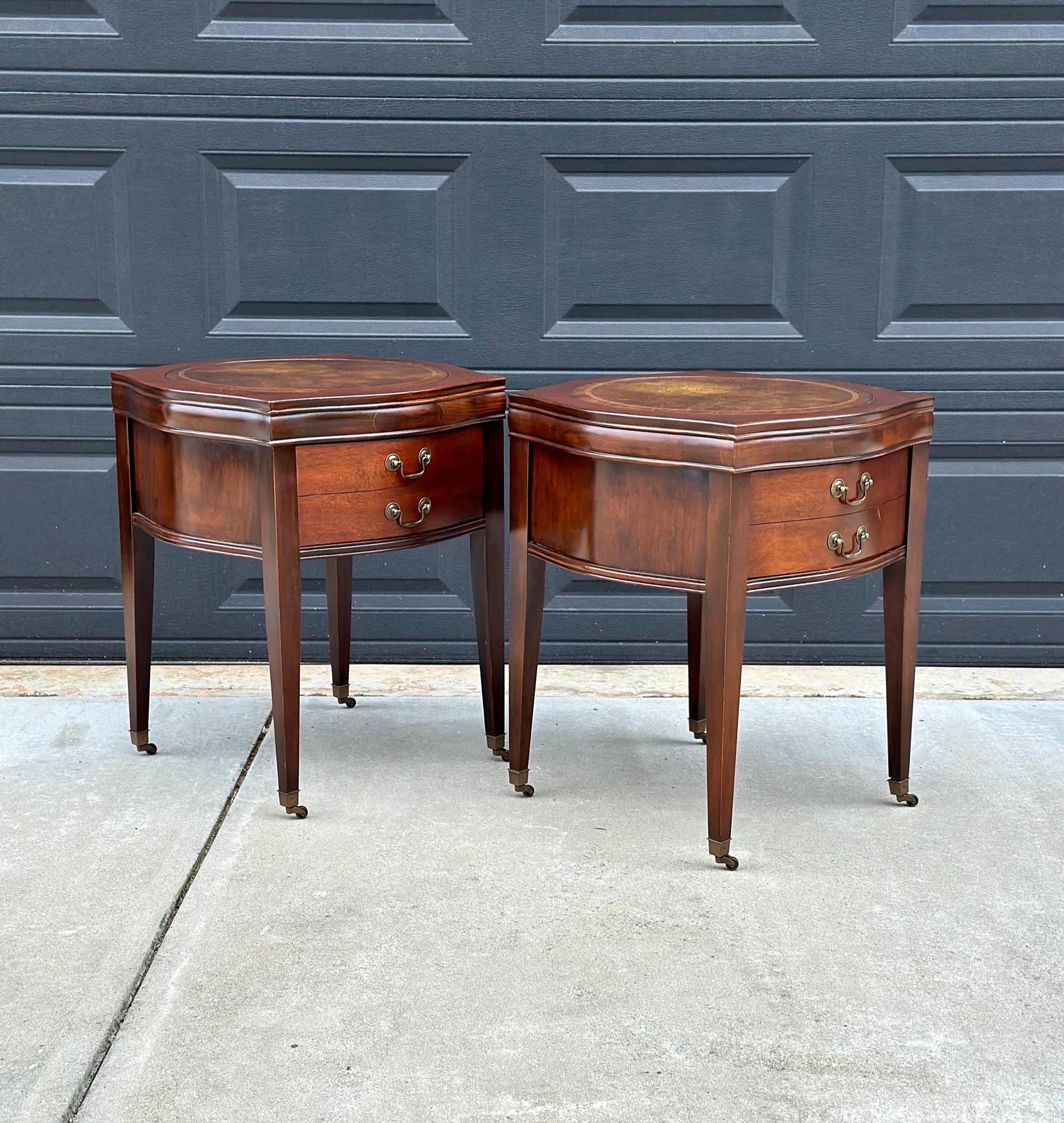 Vintage 1970's Bowfront Leather Top Mahogany Nightstands