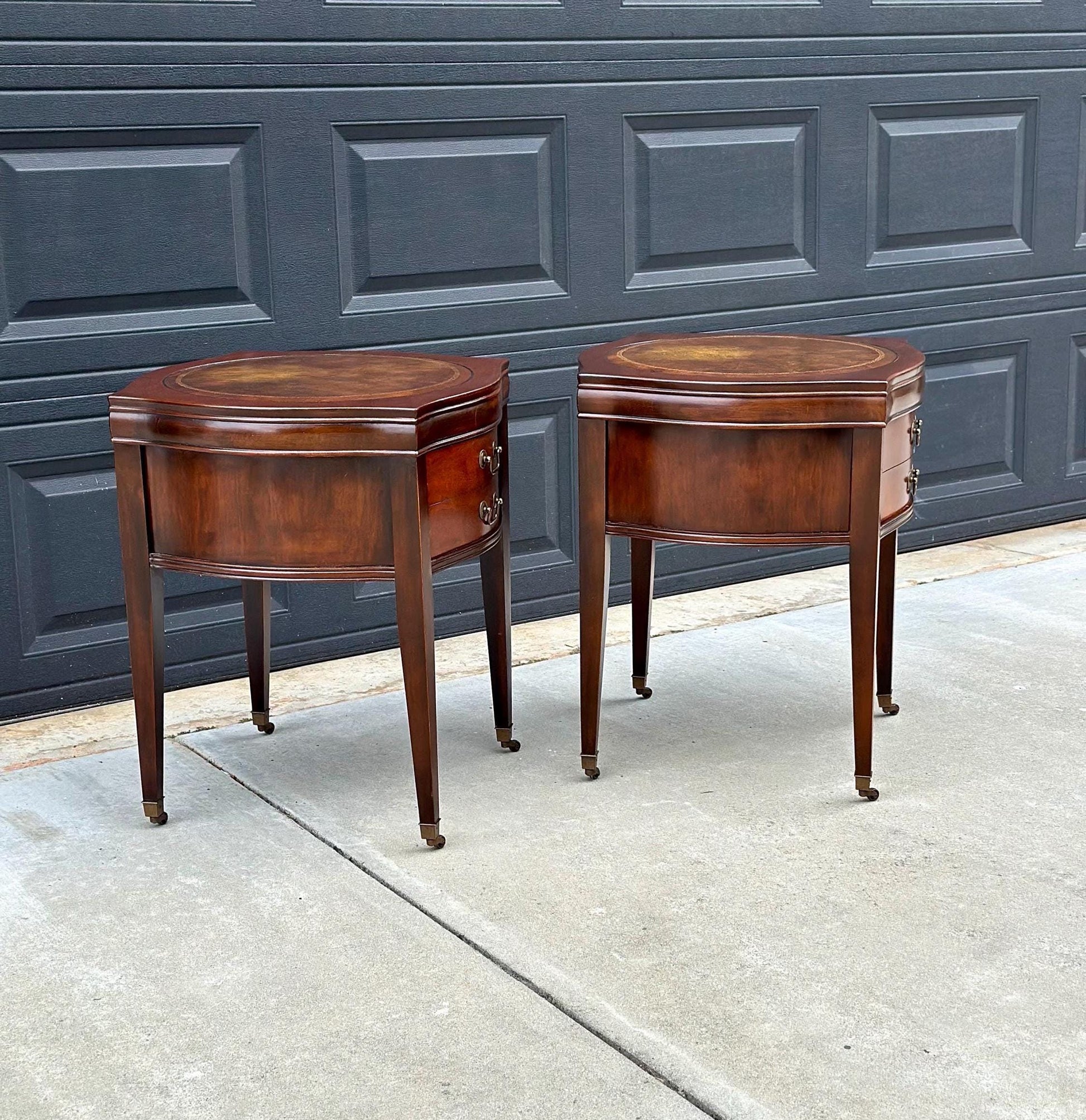 Vintage 1970's Bowfront Leather Top Mahogany Nightstands