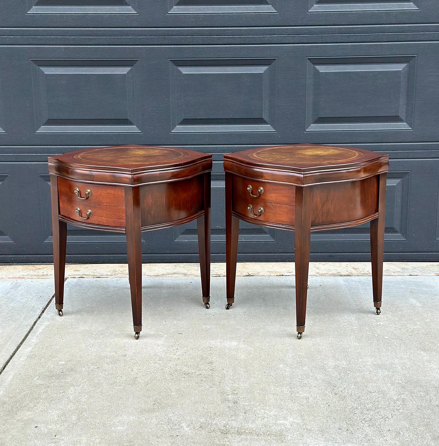 Vintage 1970's Bowfront Leather Top Mahogany Nightstands