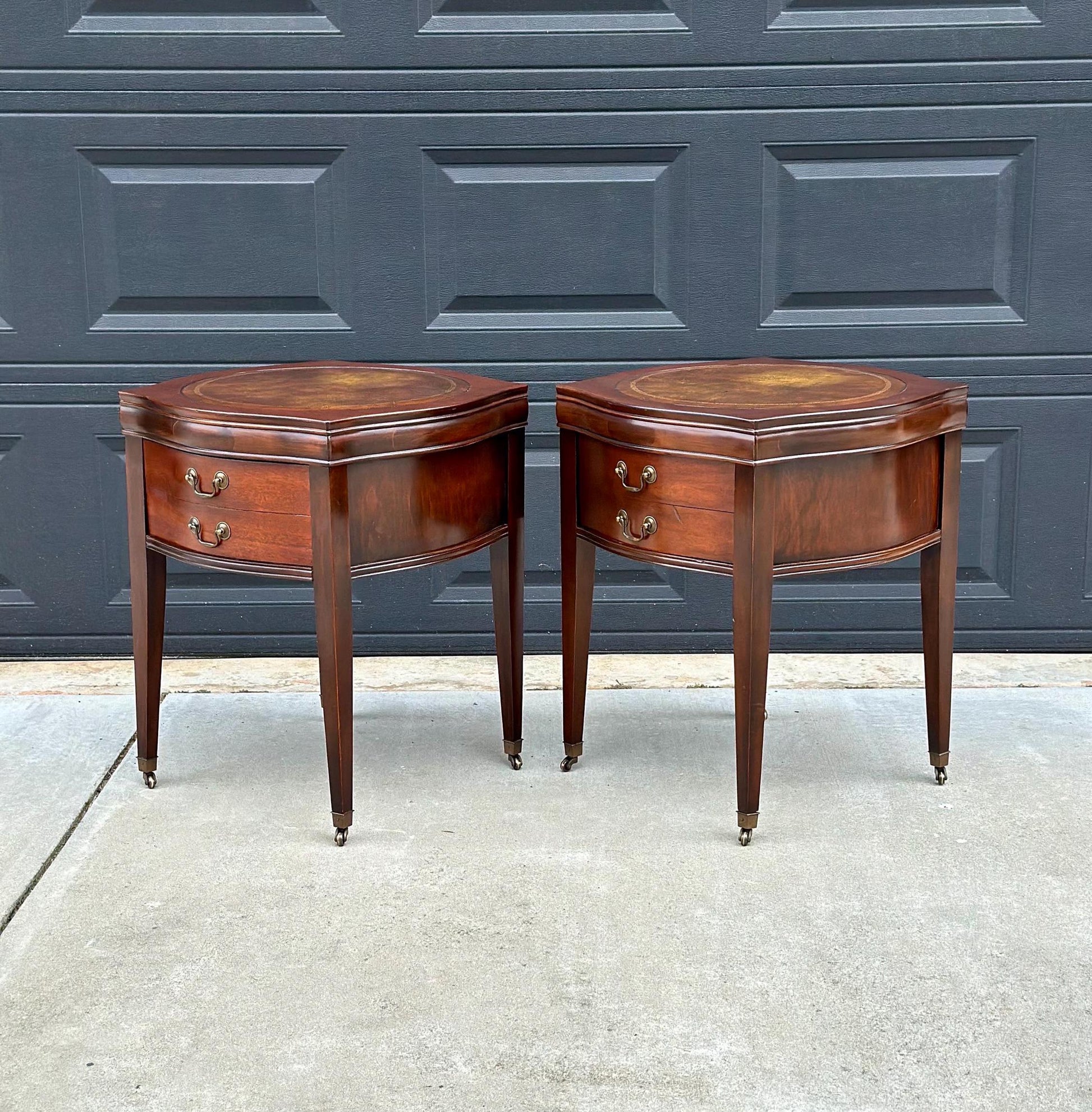 Vintage 1970's Bowfront Leather Top Mahogany Nightstands