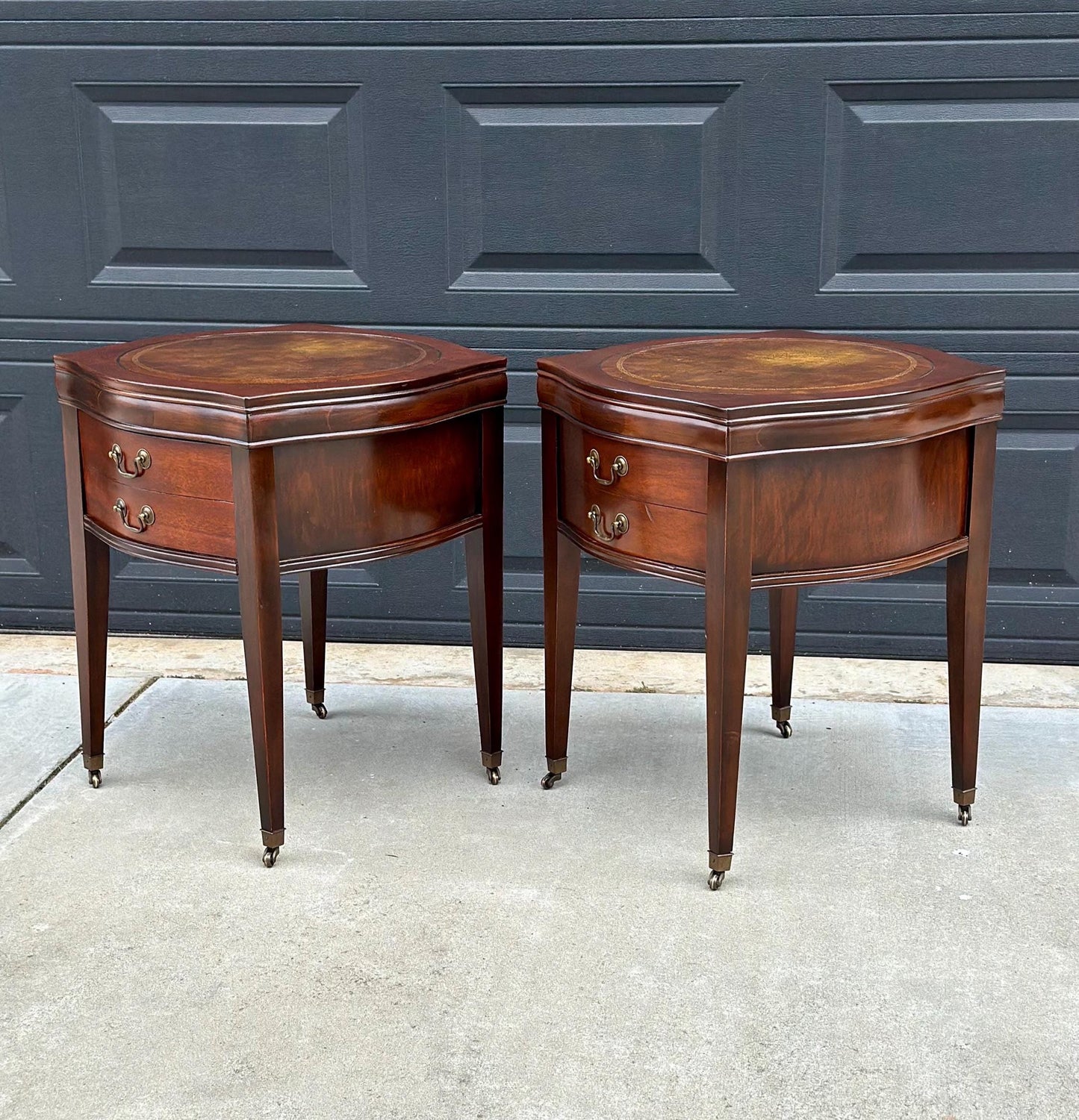 Vintage 1970's Bowfront Leather Top Mahogany Nightstands
