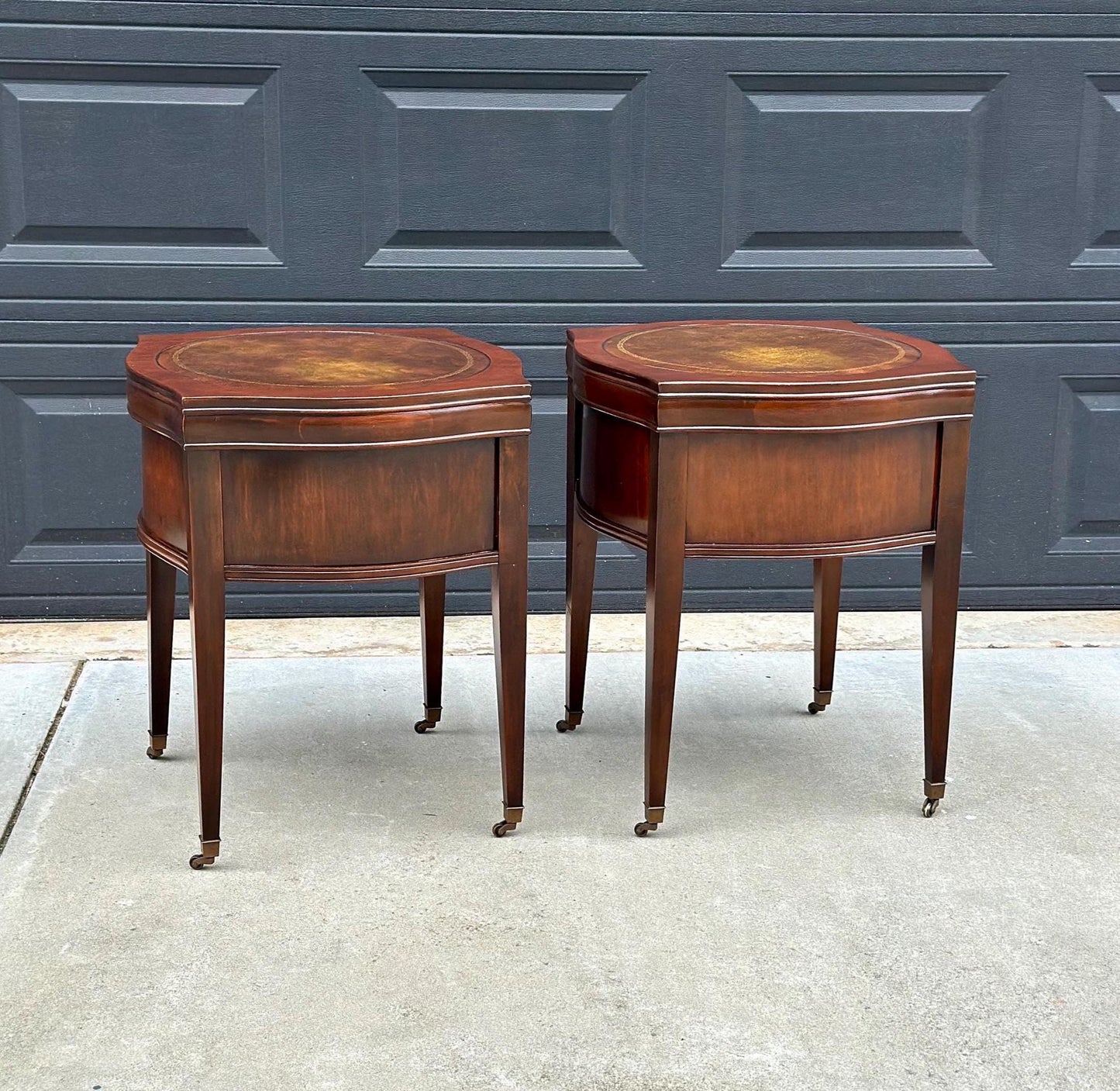 Vintage 1970's Bowfront Leather Top Mahogany Nightstands