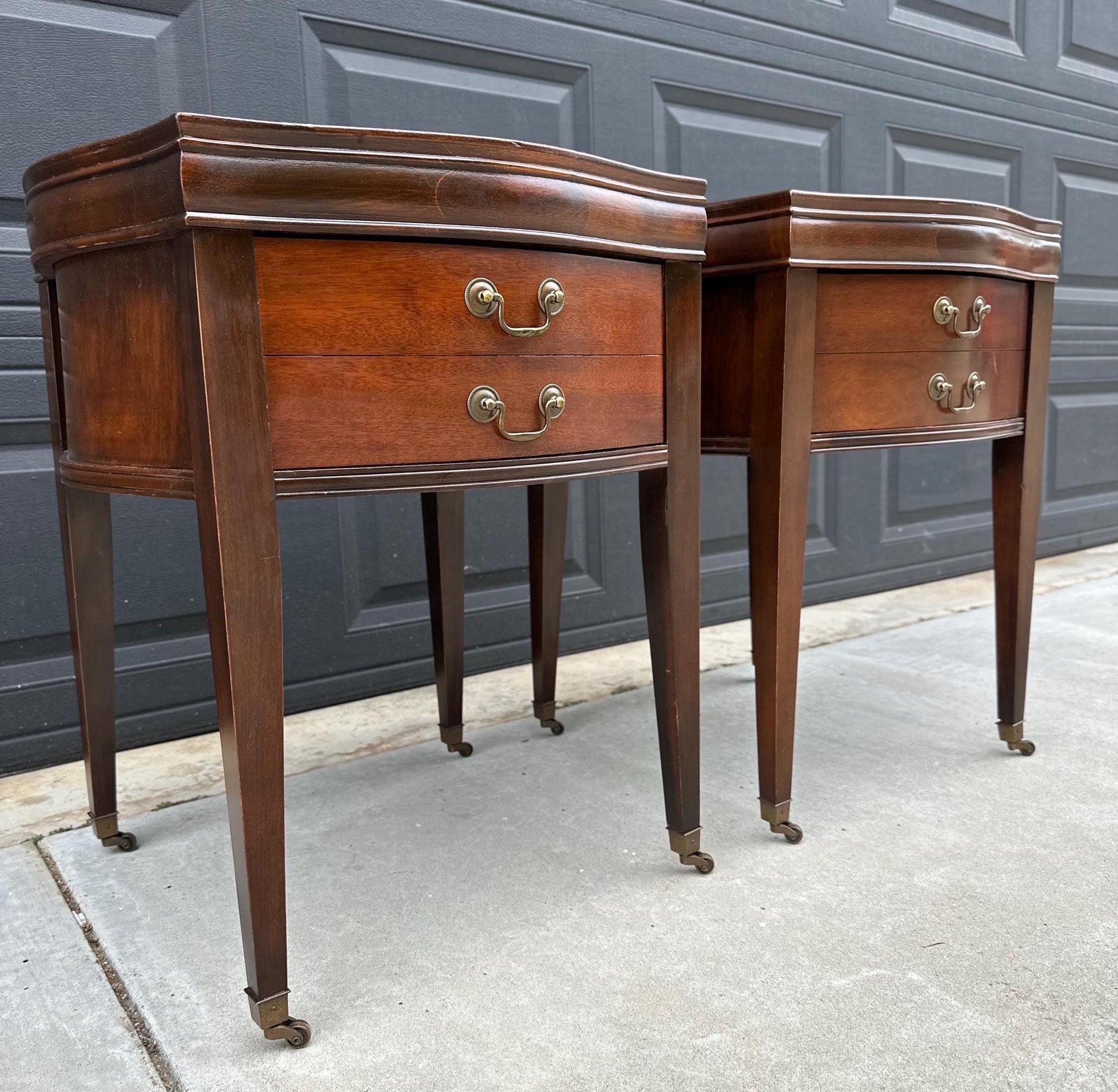 Vintage 1970's Bowfront Leather Top Mahogany Nightstands
