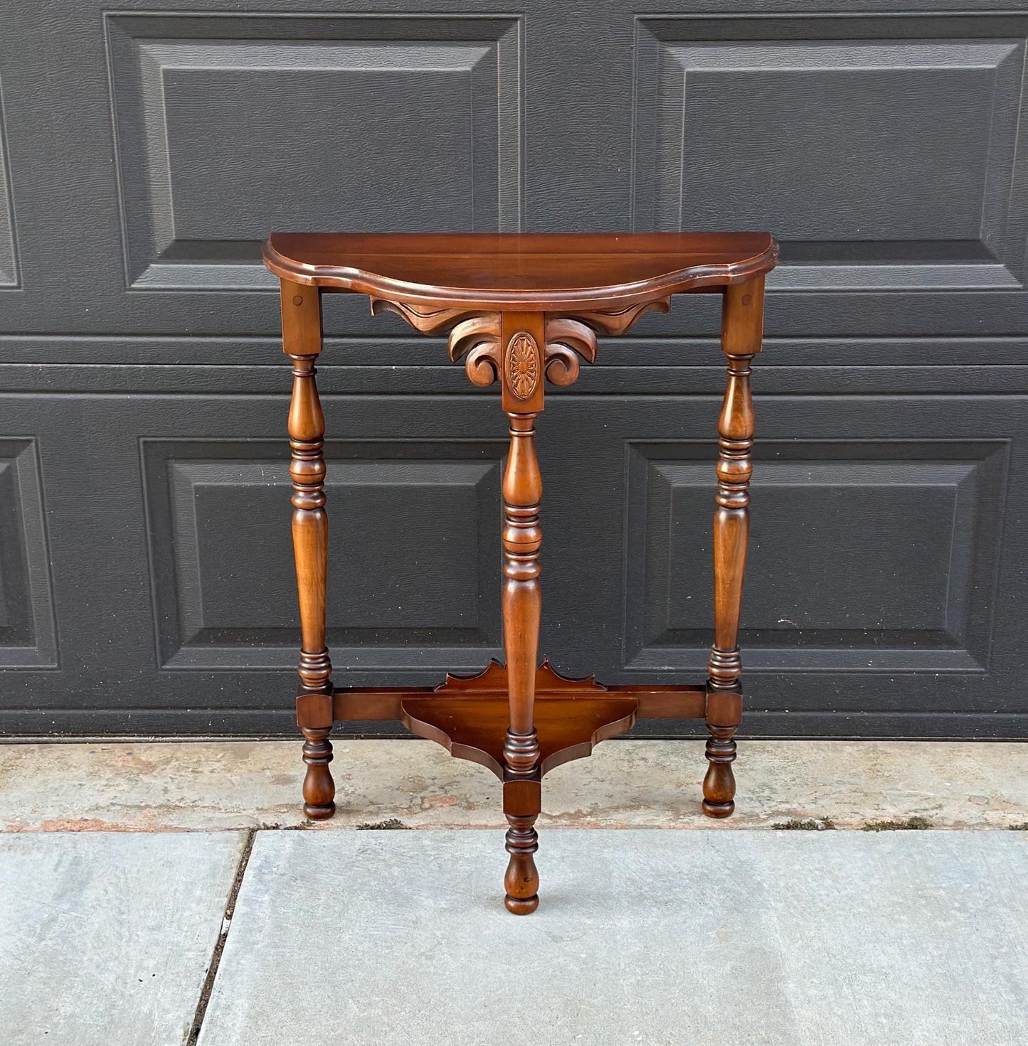 Vintage Solid Cherry Carved Demi-Lune Hall Table