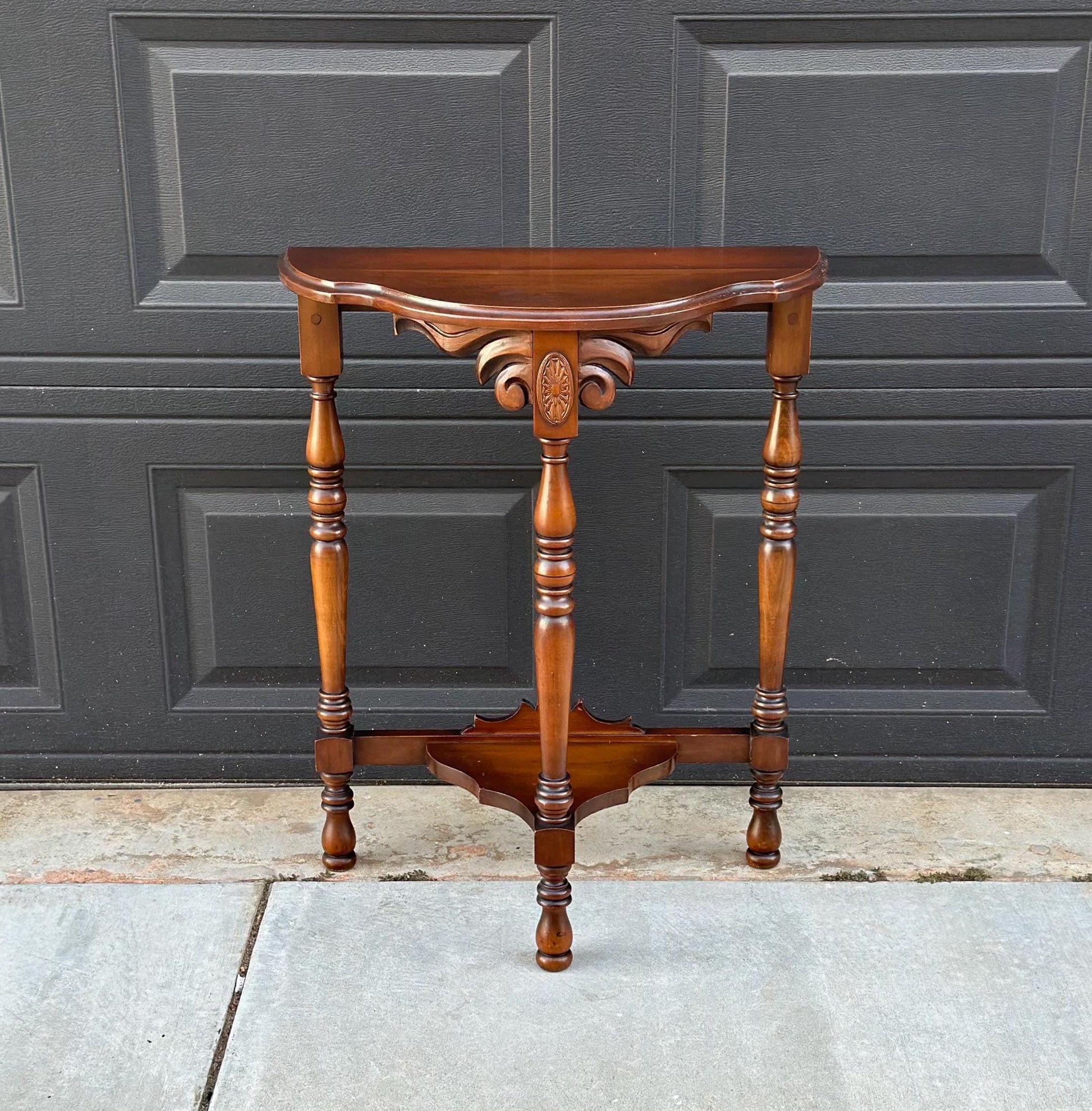 Vintage Solid Cherry Carved Demi-Lune Hall Table