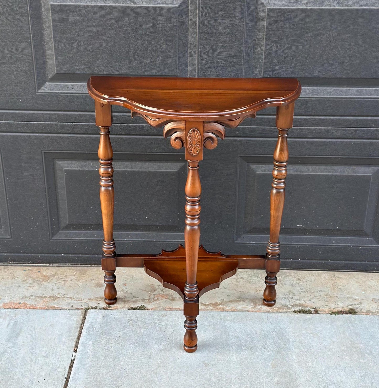 Vintage Solid Cherry Carved Demi-Lune Hall Table