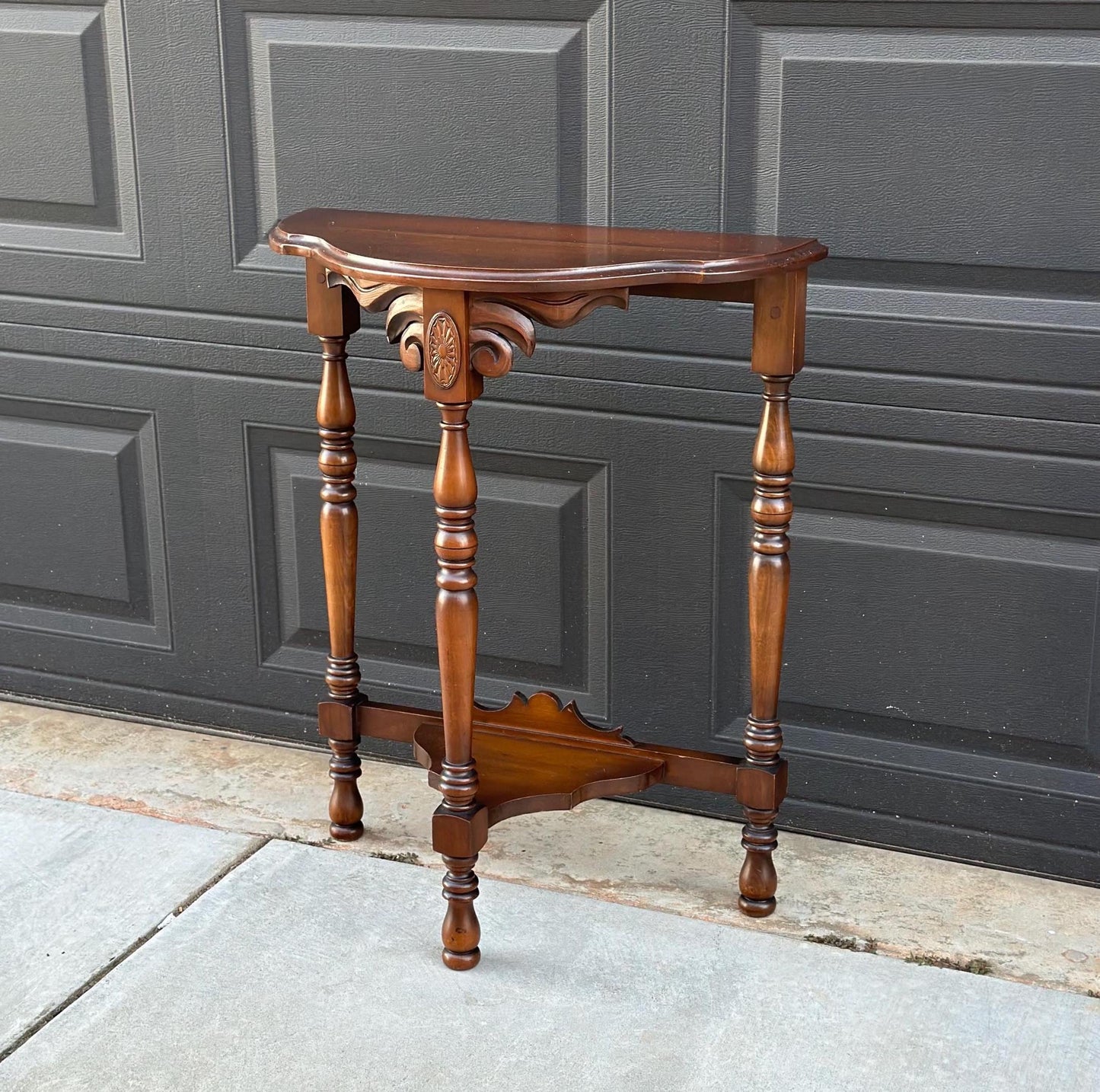Vintage Solid Cherry Carved Demi-Lune Hall Table