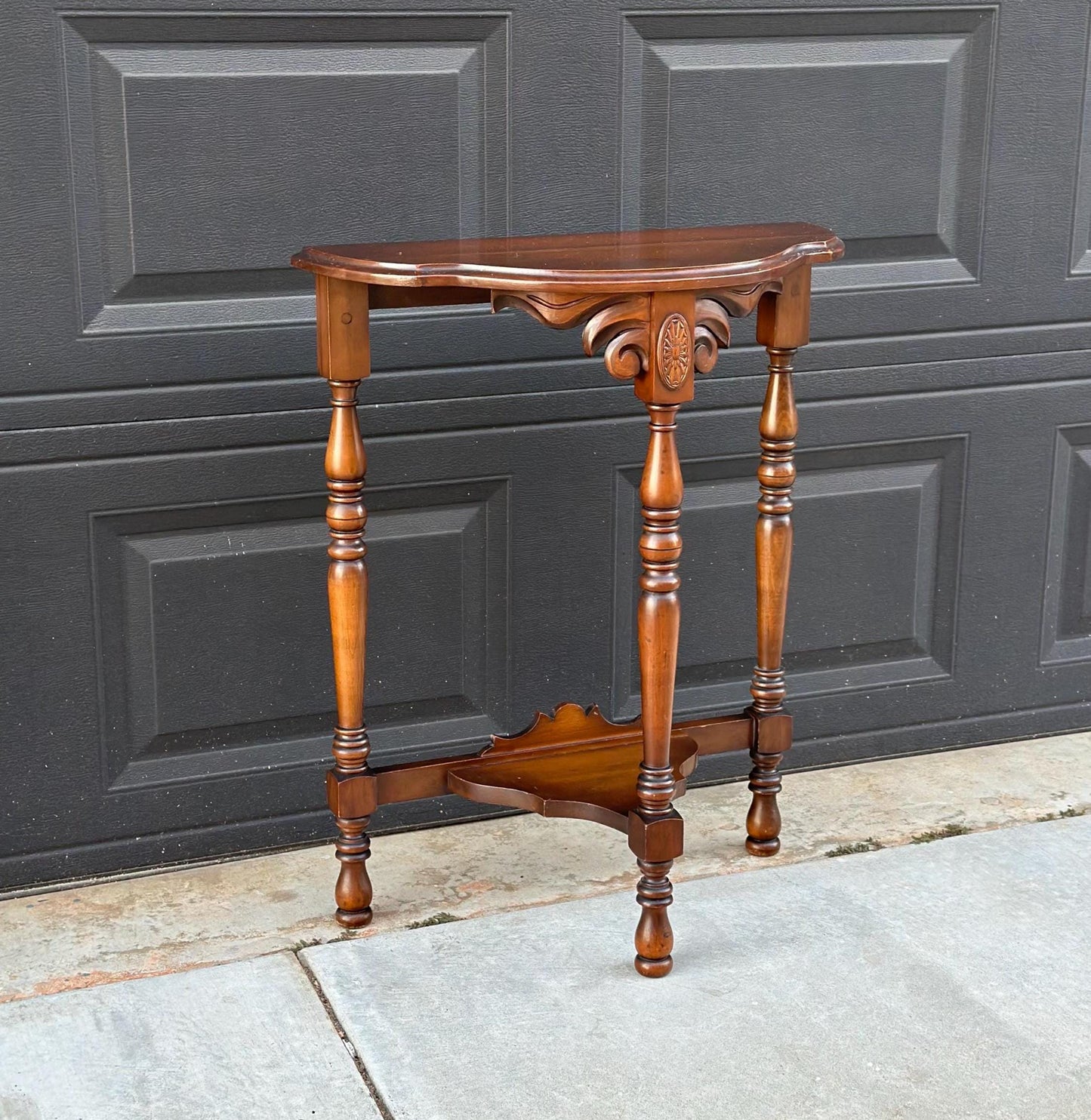 Vintage Solid Cherry Carved Demi-Lune Hall Table