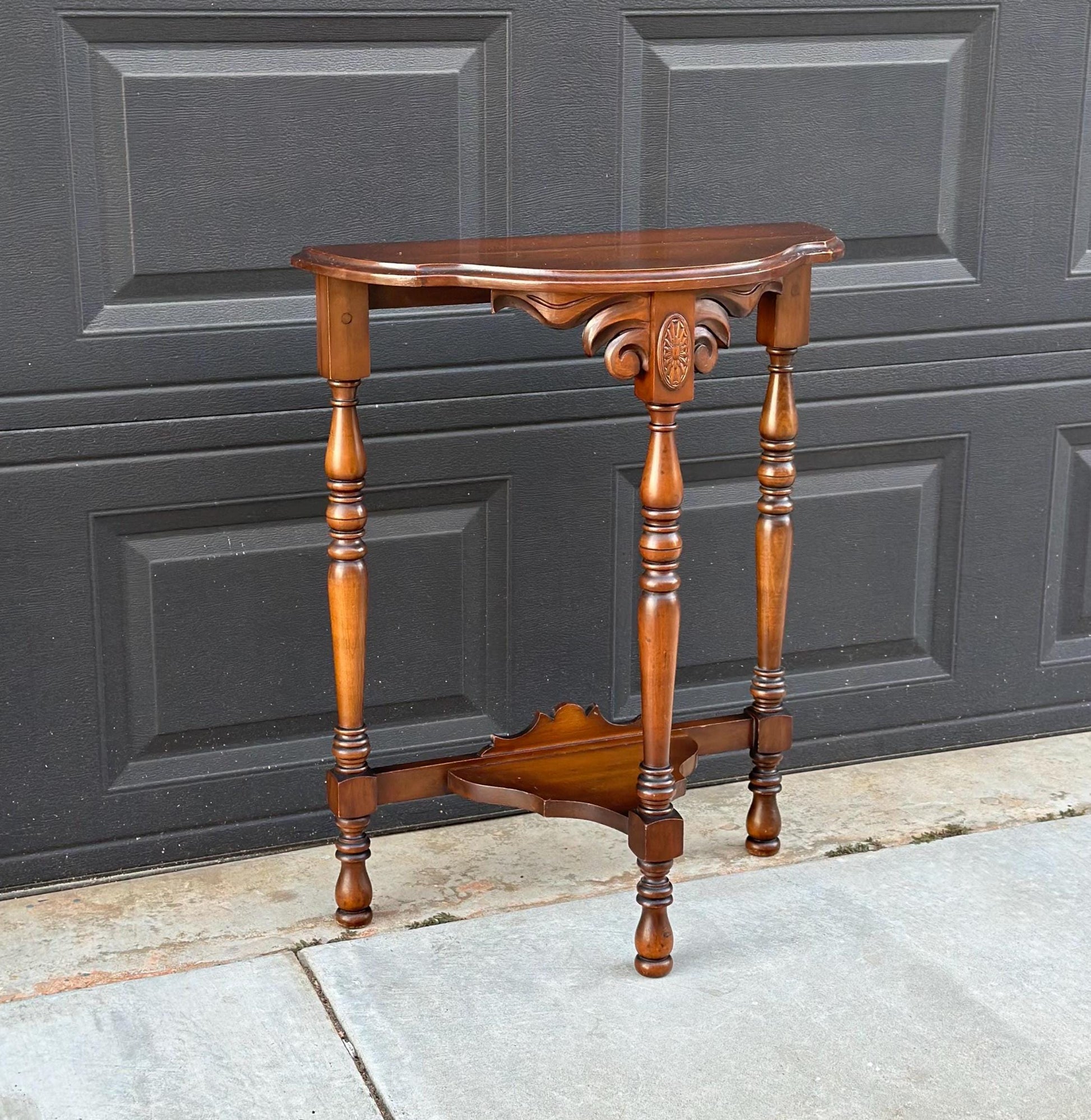 Vintage Solid Cherry Carved Demi-Lune Hall Table
