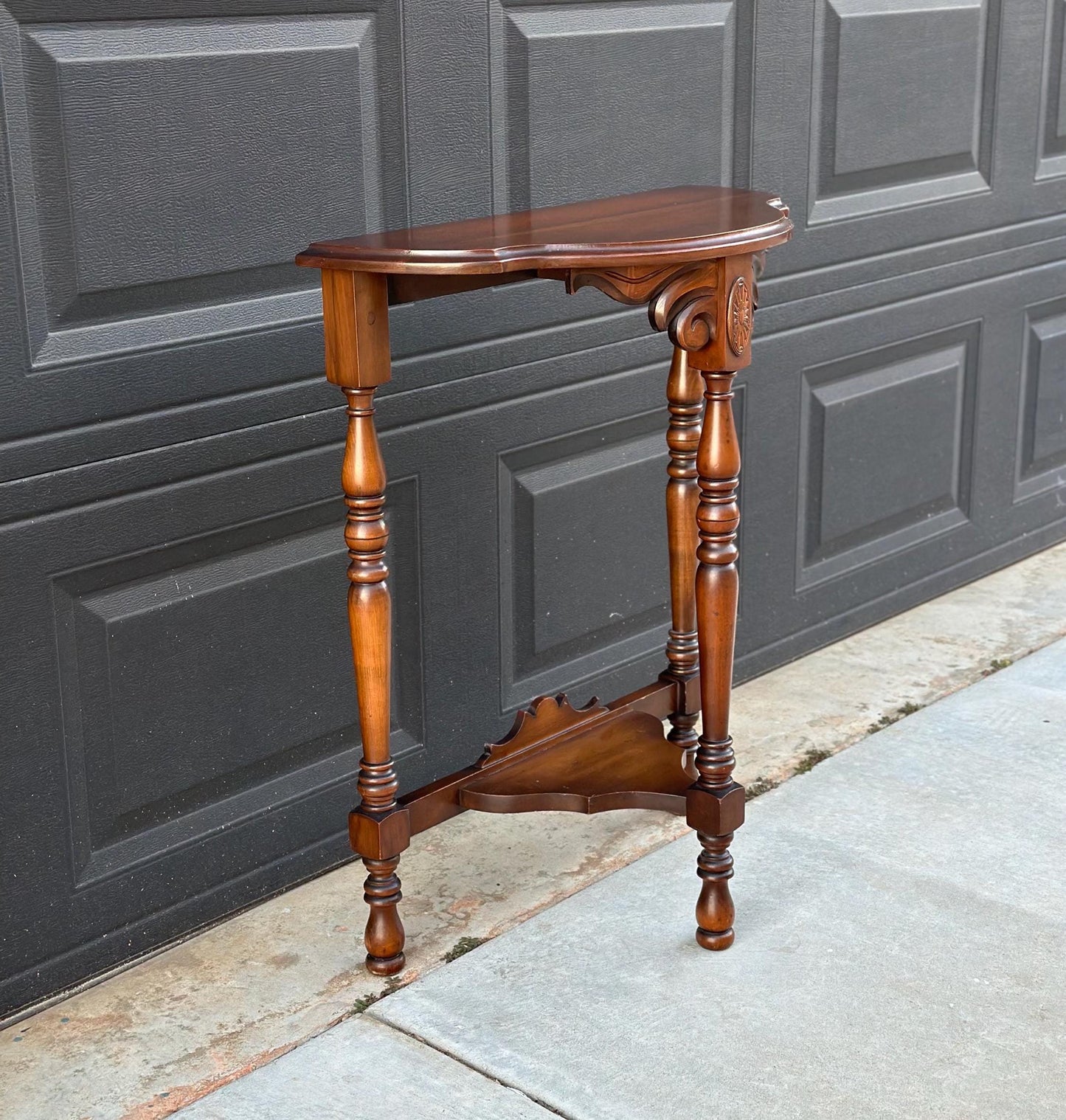 Vintage Solid Cherry Carved Demi-Lune Hall Table