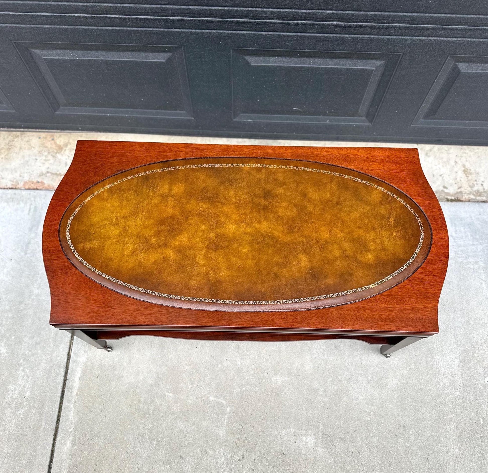Vintage Leather Top Mahogany Coffee Table on Casters