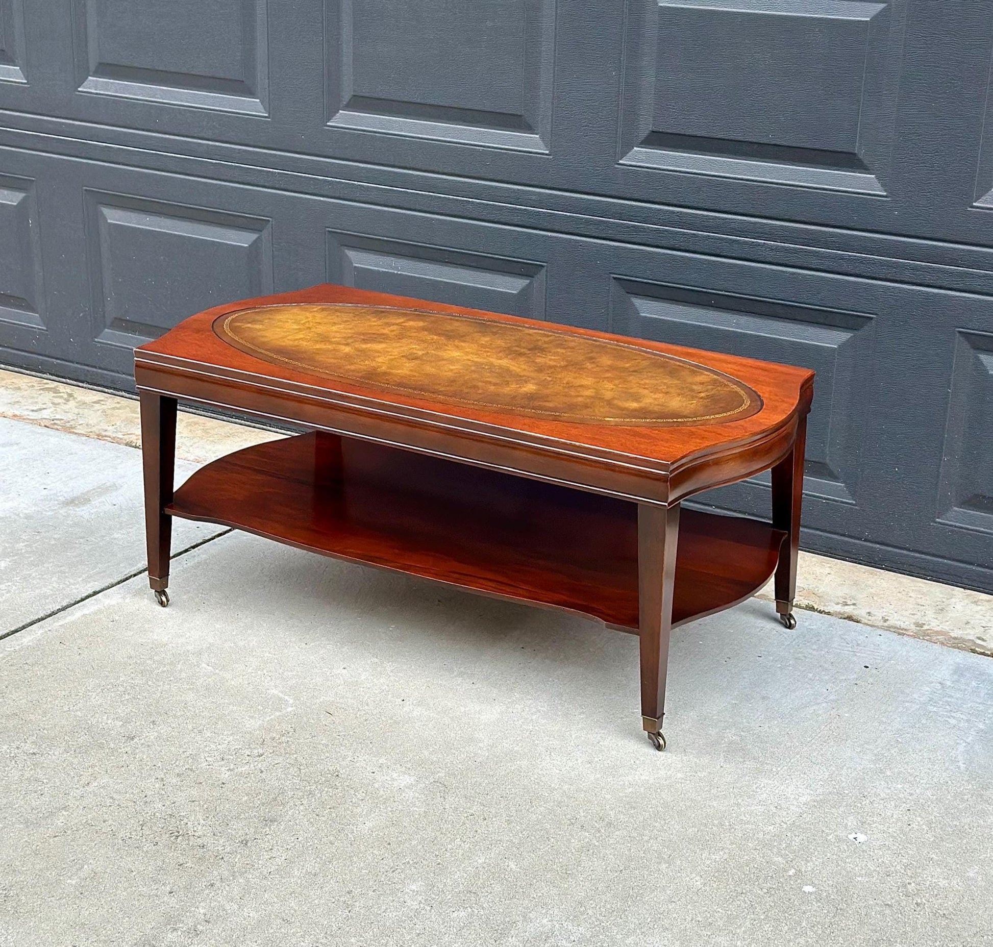 Vintage Leather Top Mahogany Coffee Table on Casters